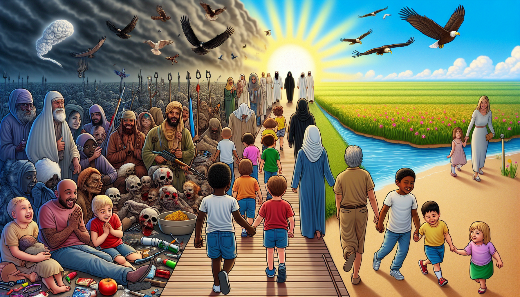 several multi-racial children crossing a bridge towards multi-racial parents praying for their children with beautiful fields, bright sun, families looking happy, healthy and safe and the side of the bridge where they are walking away from is dark, evil, vultures, weapons, drugs, hate, and people looking mean and evil and the name of the bridge is prayer