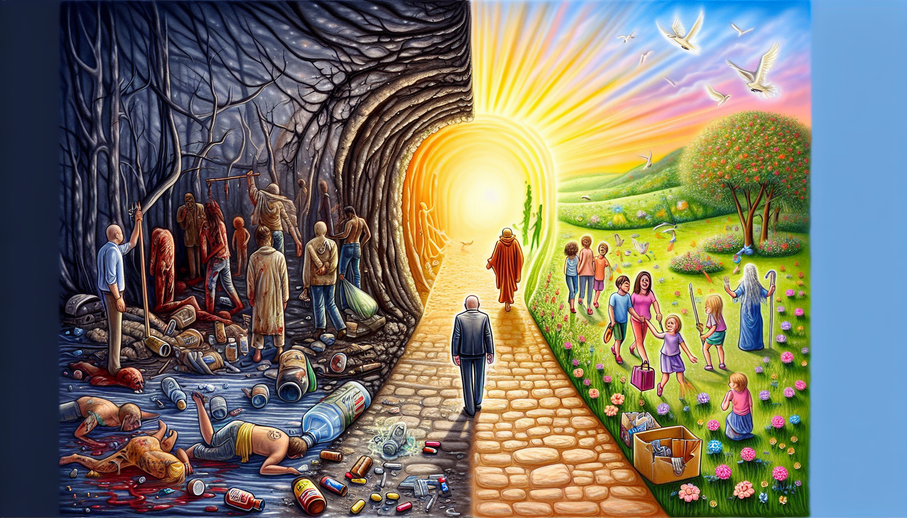 picture of contemporary walking from an old dark path with drugs, alcohol, profanity,  and evil going into a new life that shows kindness, joy and peace, light with Jesus Christ and everyone fully clothed
