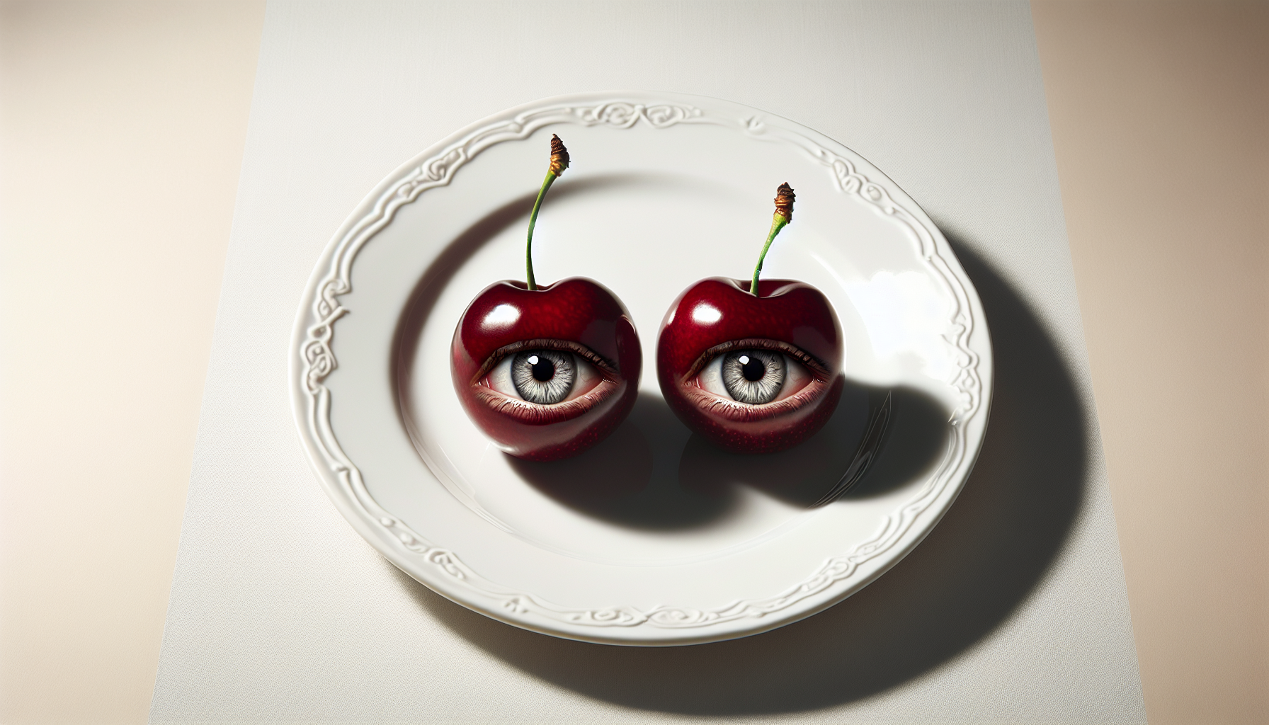 /imagine Two perfectly spherical, deep crimson red cherries (functioning as realistic human eyes), their surfaces smooth and highly reflective, transformed into a pair of realistic human eyes, resembling a pair of human eyes. The dark, round cherry pits now serve as jet-black, sharply defined pupils, and detailed, emerald green irises with bright, white highlights that reflect the white of the plate surround them, creating a stark contrast between the dark pupils, bright irises, and the deep crimson red of the cherry skin. The cherries rest gently on a pristine white porcelain plate with a delicate, embossed floral pattern around the rim. The plate is positioned centrally on a flat, pale gray surface, resembling a tabletop. The lighting is perfectly even and flat, casting no shadows, enhancing the artificial stillness of the scene. The composition is simple and uncluttered, focusing solely on the cherries and the plate, creating a stark and unsettling image. The image evokes a sense of quiet unease and the unsettling juxtaposition of the natural (fruit) and the human (eyes) within a domestic, almost sterile setting, questioning the nature of perception and reality. In the style of René Magritte. Juxtaposition, realism, simplicity, flat lighting, clear background, unsettling, domestic setting, highly reflective surfaces, eyes, eyeballs, human eyes, fruit eyes, cherry eyes, surreal eyes, high contrast, 8k, --ar 16:9


