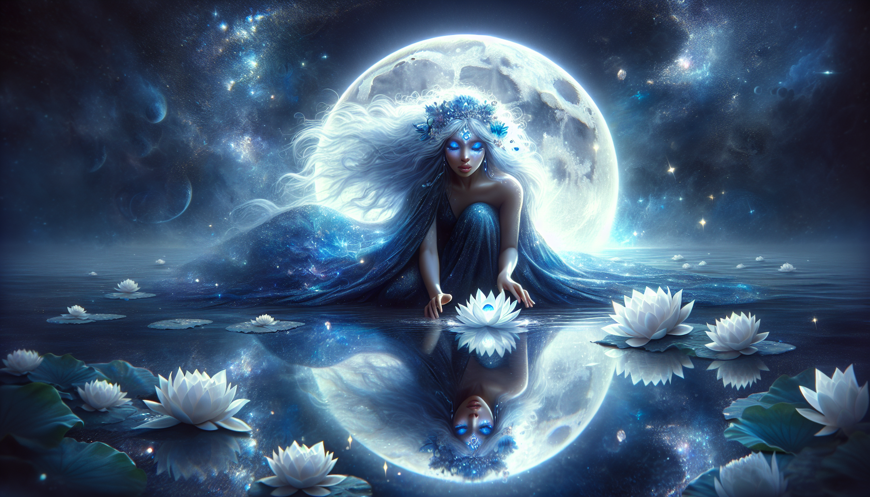 Lunara, a mystical goddess with radiant moonstone skin and flowing bluish hair framing her round face and sharp chin, kneels at the edge of a crystal-clear lunar pond. A perfect reflection of her face is visible in the still water, directly connecting her physical form with the cosmic depths below. Her eyes look down intently at a large white lotus blossom floating on the water's surface. The moon's reflection dances within the flower's petals, mirroring the phases of the moon. This lunar reflection is mirrored again in Lunara's reflected gaze in the water, creating a visual link between her eyes, the lotus, and the moon itself. Soft, luminescent light emanates from her, illuminating the surrounding ethereal landscape, as delicate silver constellations drift around her head like a celestial crown. She wears a flowing, midnight blue gown woven with intricate threads of shimmering stardust, creating an otherworldly effect. The atmosphere is serene and magical, imbued with a sense of quiet cosmic power.