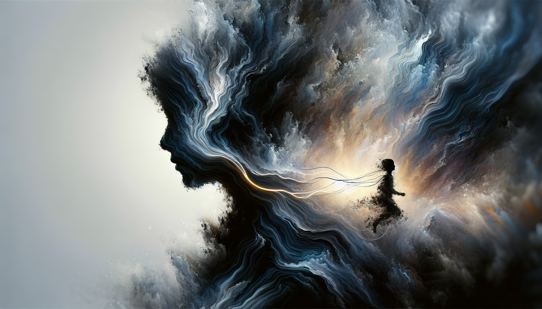 /imagine A highly stylized and emotionally charged image representing the anguish of a strained parent-child relationship. A fragmented silhouetted figure, representing the child, is partially obscured by swirling dark blues and greys, symbolizing emotional turmoil and confusion. A single, thin line of pale gold, representing a fragile hope for connection, extends from the figure towards an empty white space in the distance. The overall composition evokes a sense of deep emotional pain, isolation, and a desperate yearning for reconciliation. Fragmented silhouette, emotional turmoil, dark blues, greys, thin gold line, empty white space, anguish, isolation, yearning, parent child relationship, stylized, 8k, --ar 16:9


