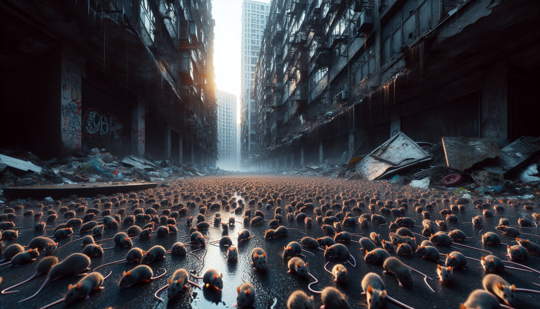 /imagine A decaying cityscape at night, just before dawn. The viewer is at street level, *knee-deep* in a seething mass of *countless tiny* mice. They crawl over every surface: the cracked pavement, the overflowing trash, the walls of the crumbling buildings, even the viewer's own shoes. The first faint light of day illuminates the scene, catching the *thousands upon thousands* of tiny eyes and reflecting off the wet pavement, creating a shimmering, almost sickening effect. The buildings loom overhead, dark and crumbling, with broken windows and graffiti-covered walls, partially obscured by the sheer number of mice crawling up them. The air is thick with the smell of damp earth, decay, and the overwhelmingly pungent, musky scent of the *millions* of tiny bodies. The sound of their constant scurrying and squeaking fills the air, creating a cacophony of unsettling noise. The focus is on the immersive street-level perspective, the *extreme* scale of the infestation, and the feeling of being completely surrounded and overwhelmed by the mice. *The mice are so numerous they resemble a moving carpet or a tide, flowing through the streets like water.* Street level perspective, countless tiny mice, knee-deep, seething mass, crawling everywhere, decaying cityscape, night, dawn, shimmering, sickening, crumbling buildings, graffiti, damp earth, decay, infestation, overwhelming, pungent, musky scent, scurrying, squeaking, cacophony, moving carpet, tide, immersive, 8k, dark fantasy, gritty, --ar 16:9

