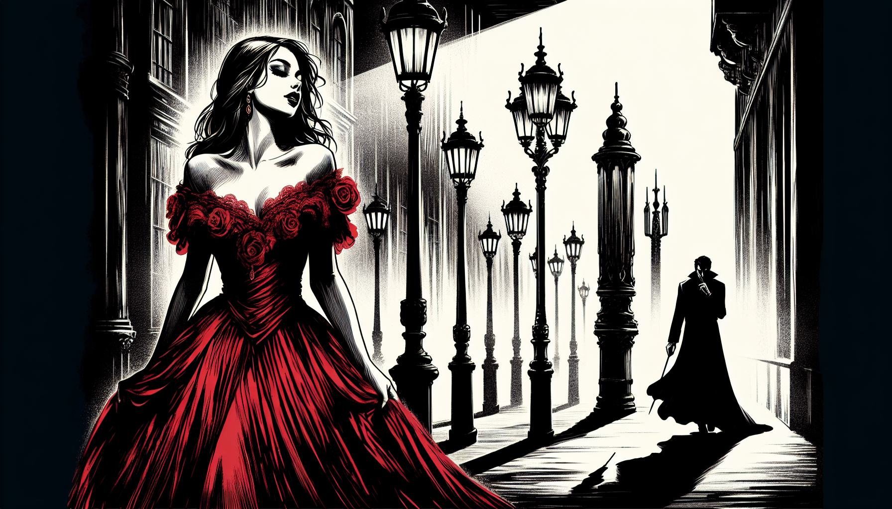  A young woman in a flowing, crimson red evening gown with delicate lace trim and a subtle sheen, walks alone down a desolate, dimly lit street, lined with old, Gothic-inspired lampposts casting long, ominous shadows, her head slightly turned as she hums a haunting, ethereal tune, oblivious to the ominous presence of a man lurking in the darkness, his face obscured by the shadows. The entire scene is rendered in a stark, film noir-inspired black and white palette, with the vibrant, blood red of her dress being the sole splash of color, evoking a sense of eeriness and foreboding, reminiscent of Gustave Doré's dramatic, high-contrast illustrations and Greg Rutkowski's dark, atmospheric concept art, with bold brushstrokes and intricate textures adding depth and tension to the scene.