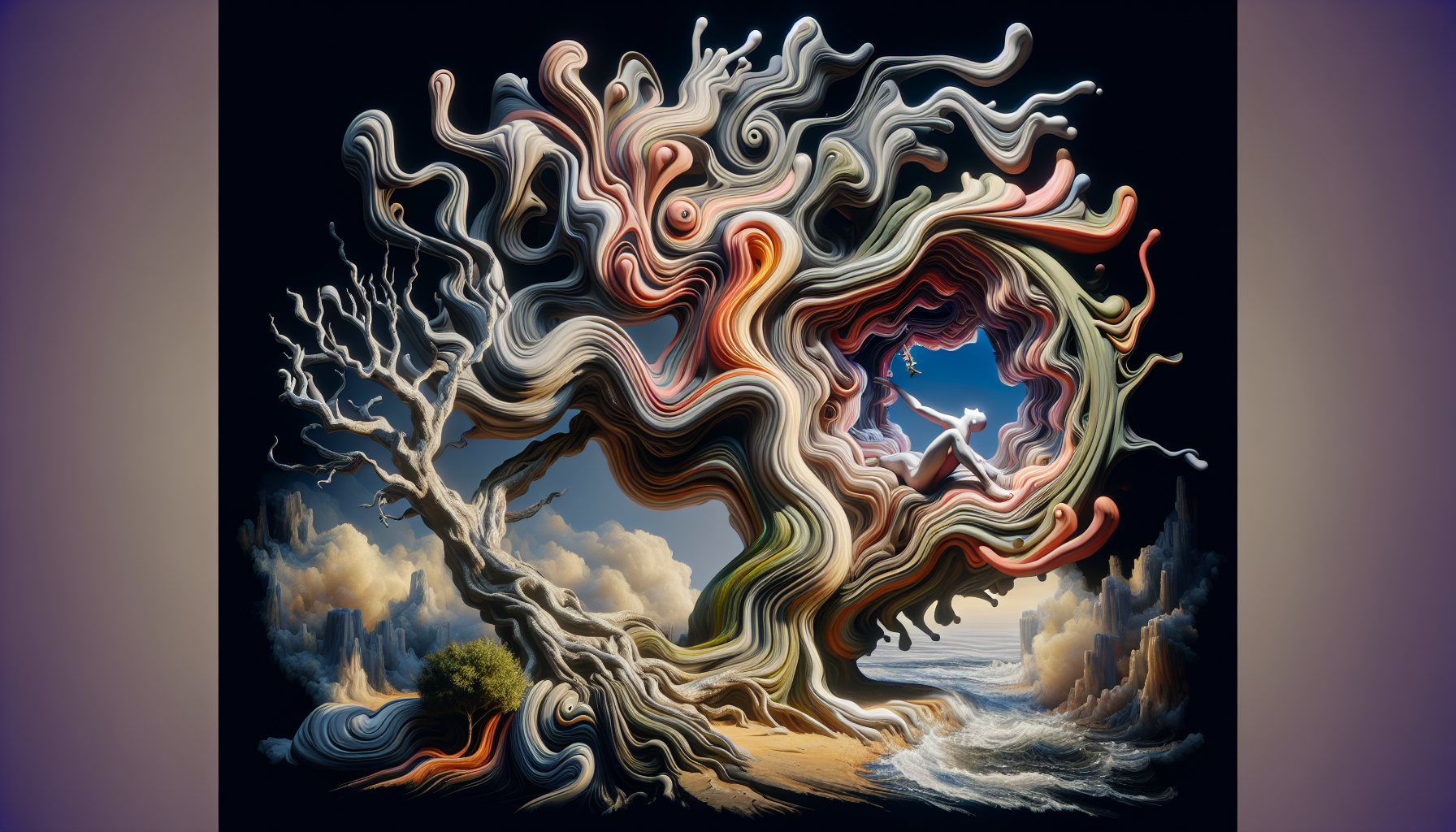 an unexpected opening in a tree ABSTRACT Surrealism Fluid forms, deconstructed, distorted, chaos, unconventional, warped, fragmented, non-linear. Surrealism Hans Bellmer Disturbing anthropomorphic forms, emotional intensity, psychological depth