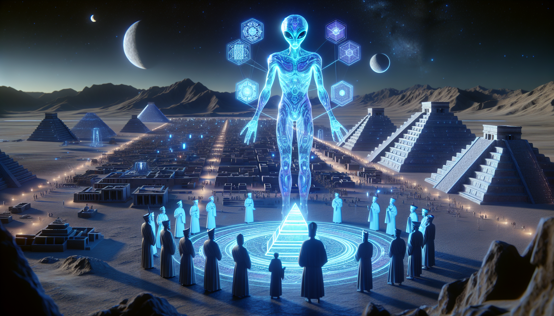 A holographic alien guide hovers above the Sumerian city, projecting blueprints for the construction of massive ziggurats. The translucent figure interacts with ancient priests, who stand in awe as the hologram displays glowing geometric symbols and star maps, with distant stars flickering in the hologram’s background. Digital art, futuristic, cosmic, ethereal, high contrast lighting, glowing technology, 8k resolution