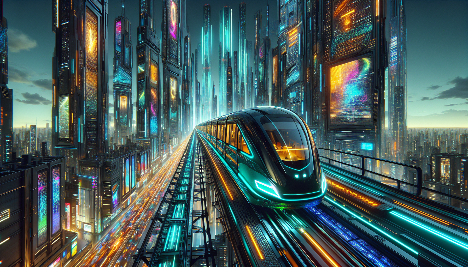 A sleek, hyper-futuristic light rail transit (LRT) train zipping through a sprawling cyberpunk city. The train’s aerodynamic design features sharp, angular contours and a seamless metallic surface that gleams under the vivid city lights. Its body is a fusion of polished black chrome and radiant accents of emerald green, fiery orange, and iridescent gold. Rows of glowing cyan and amber windows stretch across its full length, hinting at a bustling interior.

The elevated crystal-like tracks wind gracefully through the towering cyberpunk skyline, reflecting the ever-shifting hues of neon billboards and holographic advertisements. The cityscape is alive with verticality: skybridges connecting high-tech skyscrapers, massive digital banners projecting abstract art, and vibrant, multi-layered streets teeming with automated vehicles and bustling crowds.

Above, sleek airships and luminous drones glide through the air, their lights creating a dynamic rhythm that complements the train’s smooth, almost silent motion. The sky is a gradient of dark teal and deep violet, dotted with faintly glowing clouds that pulse with electric energy, giving the scene a surreal yet cohesive atmosphere.

The train stretches through the entire composition, a striking centerpiece that embodies the essence of cyberpunk: cutting-edge technology fused with raw urban energy. The interplay of light, color, and movement creates a dynamic yet harmonious visual narrative, capturing the futuristic vibrancy and sleek sophistication of a cyberpunk utopia.

Keywords:
Cyberpunk LRT, sleek futuristic design, glowing accents, holographic cityscape, vibrant neon, dynamic skyline, airships, drones, elevated crystal tracks, urban energy, advanced technology, futuristic elegance, cyberpunk utopia, bold colors, vibrant layers, bustling streets, luminous atmosphere.