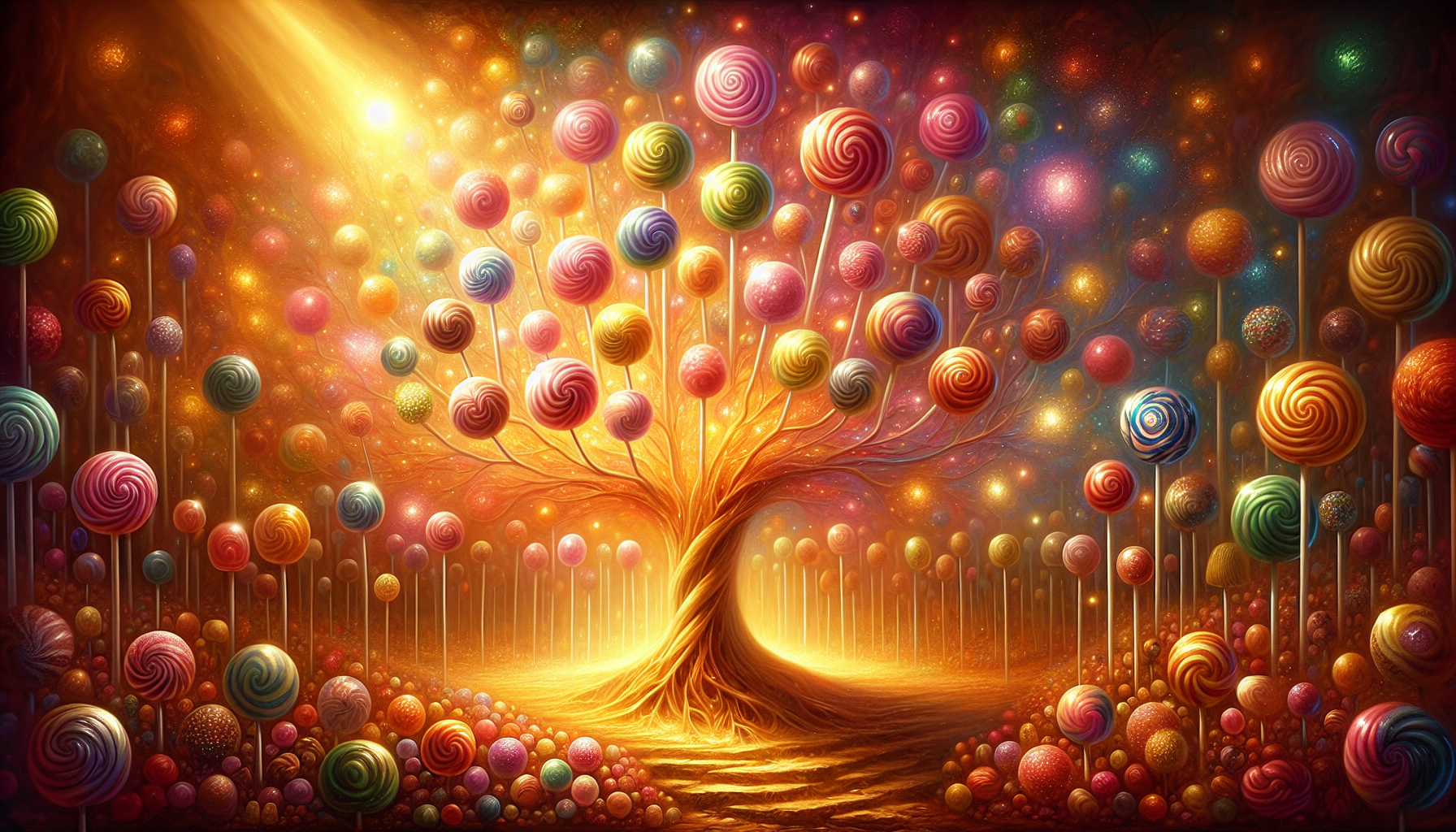  A resplendent, radiant lollipop tree, ablaze with vibrant, glowing colors, stands tall, its branches bursting with an abundance of sugary treats, reminiscent of a saccharine paradise. Every lollipop, meticulously crafted, shines with an ethereal light, as if infused with an inner divine essence, echoing the harmonious balance and sfumato mastery of Leonardo da Vinci's Renaissance style. Soft, golden light dances across the scene, casting a serene ambiance, while symbolic details and contemplative undertones whisper secrets to the observer. Amidst this whimsical Candyland, the lollipop tree reigns supreme, a hyperrealistic marvel of digital illustration, with dynamic lighting and cel-shaded textures that seem to leap off the canvas, as if crafted by a visionary artist from Artstation. The overall effect is a breathtaking, dreamlike poster art, redolent with the magic of childhood wonder, where the boundaries between reality and fantasy blur, and the sweetness of life is palpable.
