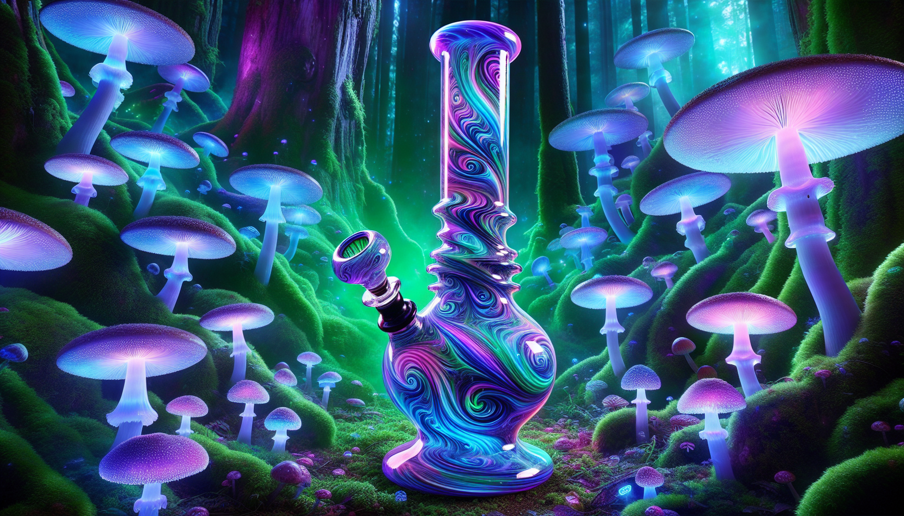 A vibrant, psychedelic glass bong, with swirling neon colors of purple, blue, and green, placed in the center of a lush garden filled with oversized, glowing magic mushrooms. The bong's curves are fluid and organic, reflecting light from bioluminescent plants that seem to grow out of the ground in unnatural shapes. The glass is crystal clear with intricate etchings, resembling fractals or patterns that seem to change with the light. The air is thick with mist, creating a dreamy, surreal atmosphere that feels like a crossover between nature and an altered state of consciousness. The scene glows with ethereal hues, and the bong itself feels like a magical artifact, bringing the garden to life.