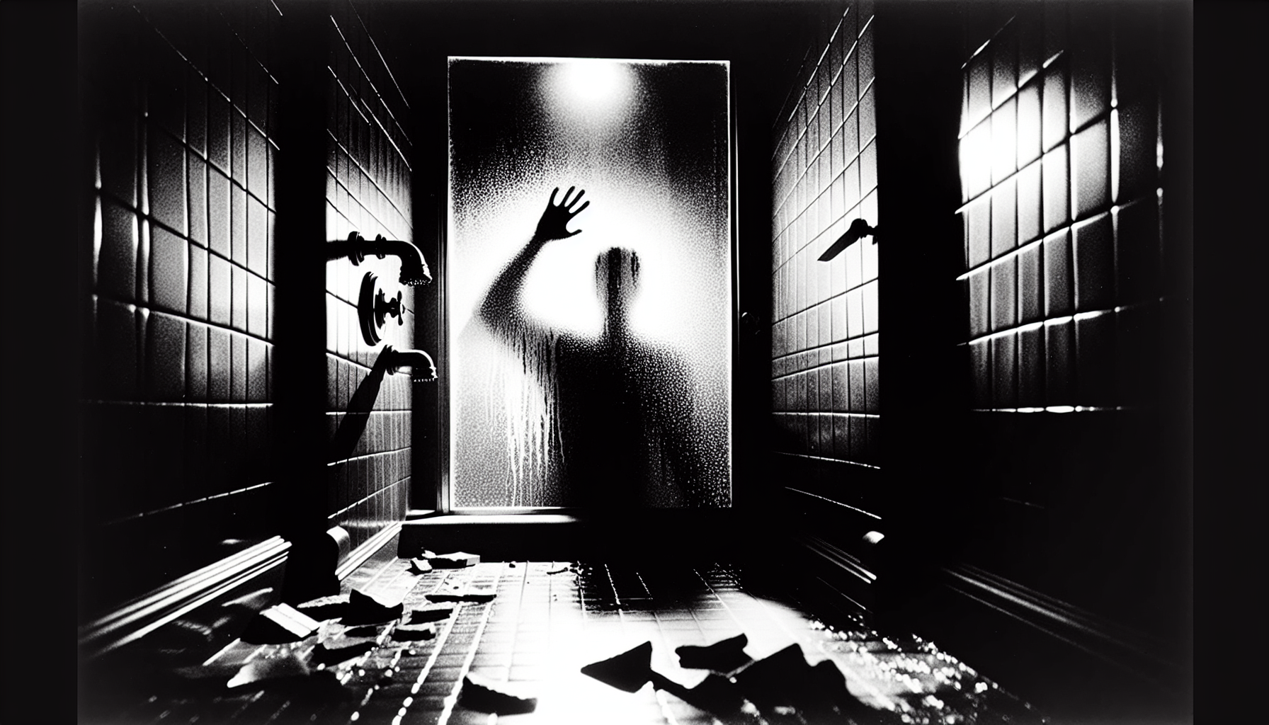 A high-contrast, black and white film still, reminiscent of Hitchcock's *Psycho*, depicting a moment of impending dread. The camera angle is low, looking up at a frosted glass shower door. The glass is subtly distorted, obscuring the figure within, but a stark, elongated shadow is cast against the glass, suggesting a raised arm and something sharp held aloft. The only light source is a harsh, off-screen light, creating deep shadows and dramatic highlights. The bathroom itself is barely visible, suggested by fragments of cracked tile and a sliver of a chrome faucet. Rain streaks down the outside of a nearby window, its reflection barely visible in the glass of the shower door, adding to the sense of isolation. The focus is entirely on the interplay of light and shadow, the distorted figure behind the glass, and the ominous shadow suggesting impending violence. The scene should evoke a feeling of claustrophobia, vulnerability, and inescapable dread, capturing the essence of Hitchcockian suspense and film noir aesthetics. High-contrast, black and white, film still, Hitchcock, Psycho, low angle shot, frosted glass shower door, distorted figure, elongated shadow, raised arm, sharp object, off-screen light, deep shadows, dramatic highlights, cracked tile, chrome faucet, rain streaks, reflection, claustrophobia, vulnerability, inescapable dread, suspense, film noir, 8k, --ar 16:9

