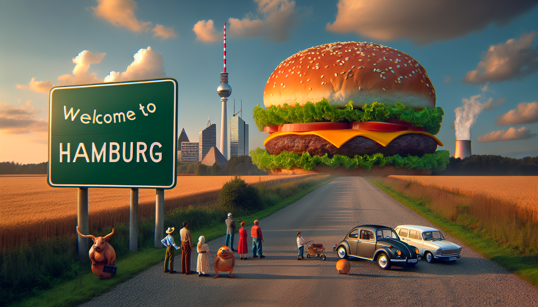 A comical scene on a rural road with a "Welcome to Hamburg" sign standing tall in the foreground. In the background, a massive, surreal hamburger sits like a gigantic city on the horizon, towering over the landscape. The hamburger has layers of lettuce, cheese, and a perfectly shaped patty, glowing in the setting sun. A small car is parked on the side of the road, with a family inside, their faces pressed against the window, pointing at the hamburger in amazement. One person is even holding up a camera to capture the surreal sight. The atmosphere is lighthearted and playful, with vivid colors and exaggerated proportions.