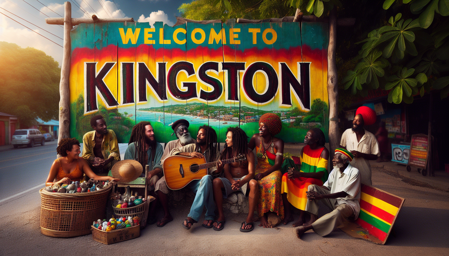 A striking "Welcome to Kingston" roadsign stands prominently at the roadside, the letters painted in vibrant Rasta colors—rich red, bright yellow, and deep green—each color flowing seamlessly into the next. The sign is framed by a few wooden posts and stands proudly, slightly weathered but sturdy, showcasing Kingston’s warm and welcoming spirit. In the foreground, a small group of locals is gathered nearby, dressed in colorful, loose clothing with dreads, laughing and chatting under the soft glow of a setting sun. A musician with a guitar leans against the sign, playing mellow reggae tunes, adding to the laid-back, cultural atmosphere. A vendor’s cart filled with local crafts and goods stands to the side, further enhancing the sense of Kingston’s vibrant street culture. The distant Blue Mountains rise above the town, their silhouette painted in deep purples and blues as the sun dips below the horizon. RASTAFARIAN ART graffiti, vibrant colors, spiritual symbolism, reggae influence, Afrocentric, bold brushstrokes, Lion of Judah, Jamaican heritage, empowerment, geometric patterns, dreadlocked figures.