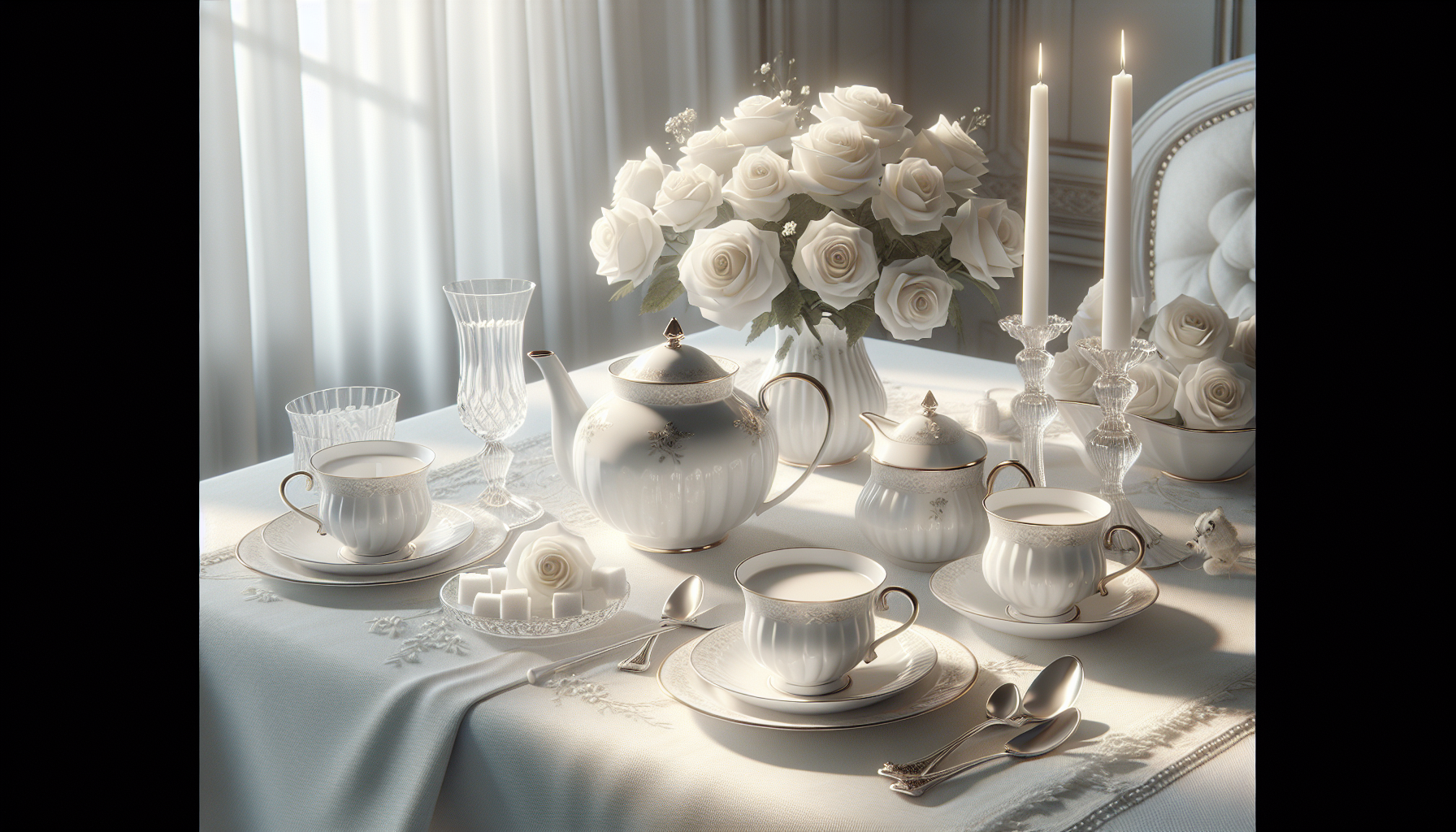 A luxurious breakfast table set for two, celebrating the timeless beauty of white. In the center, a polished white porcelain teapot with delicate gold accents. Two matching teacups rest gracefully on fine white saucers, each accompanied by a gleaming silver spoon. A petite milk jug, filled with creamy white milk, and a crystal sugar bowl, holding perfectly cut sugar cubes, complete the elegant arrangement. The tablecloth is pure white linen, adorned with subtle floral embroidery, and a pair of tall, slim white candles in ornate holders adds a romantic glow. A small vase of fresh white roses sits between the settings, their petals radiating natural purity. The soft morning light filters through sheer white drapes, illuminating the delicate details and creating a serene, intimate atmosphere for two.