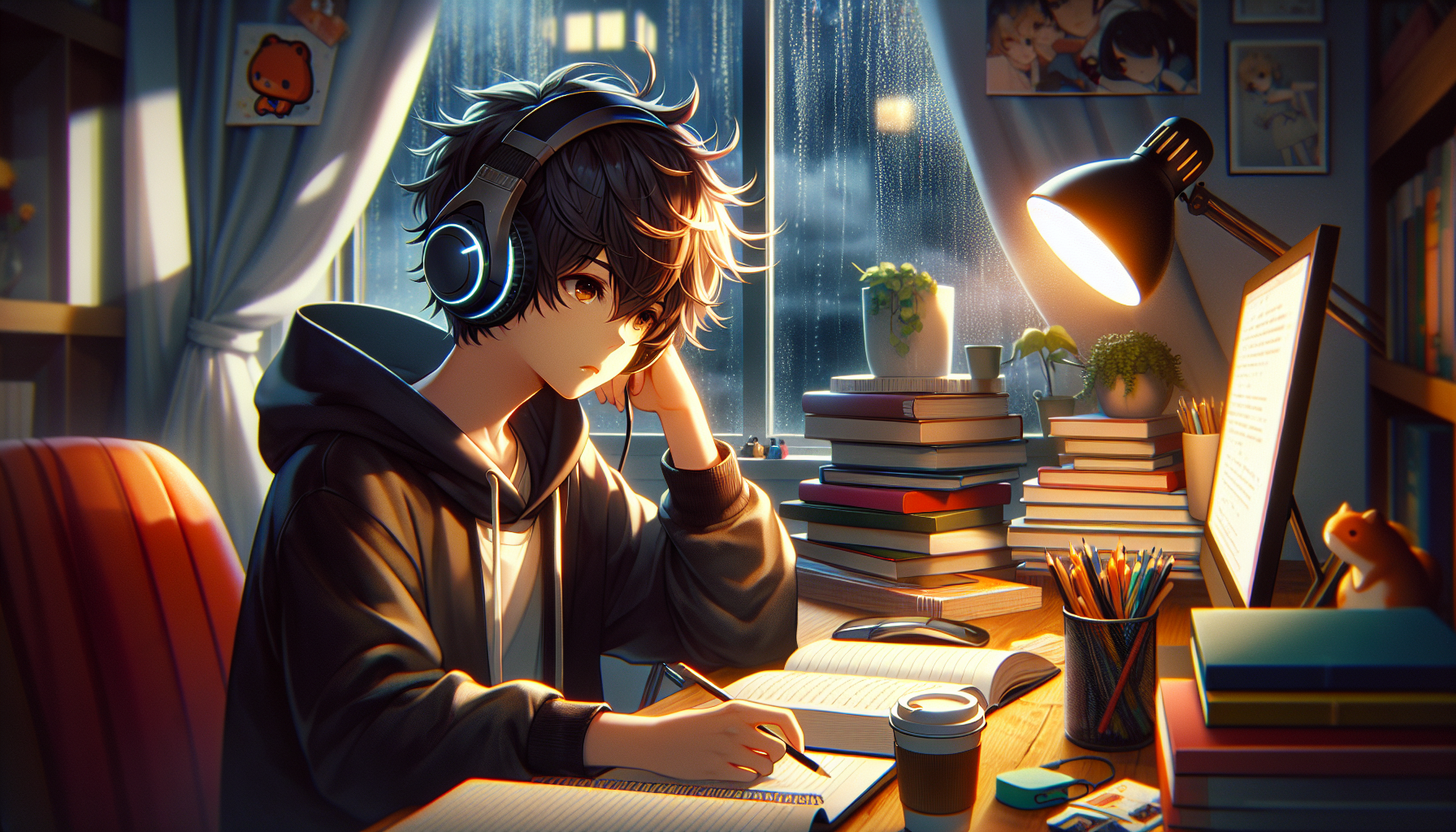 Um menino estilo anime, com cabelo bagunçado e expressão focada, usando fones de ouvido modernos enquanto estuda em uma mesa cheia de livros, cadernos e uma xícara de café. A cena é iluminada por uma luz suave de abajur, com um fundo mostrando uma janela com chuva caindo e um ambiente aconchegante, como um quarto organizado e decorado com elementos jovens e vibrantes.