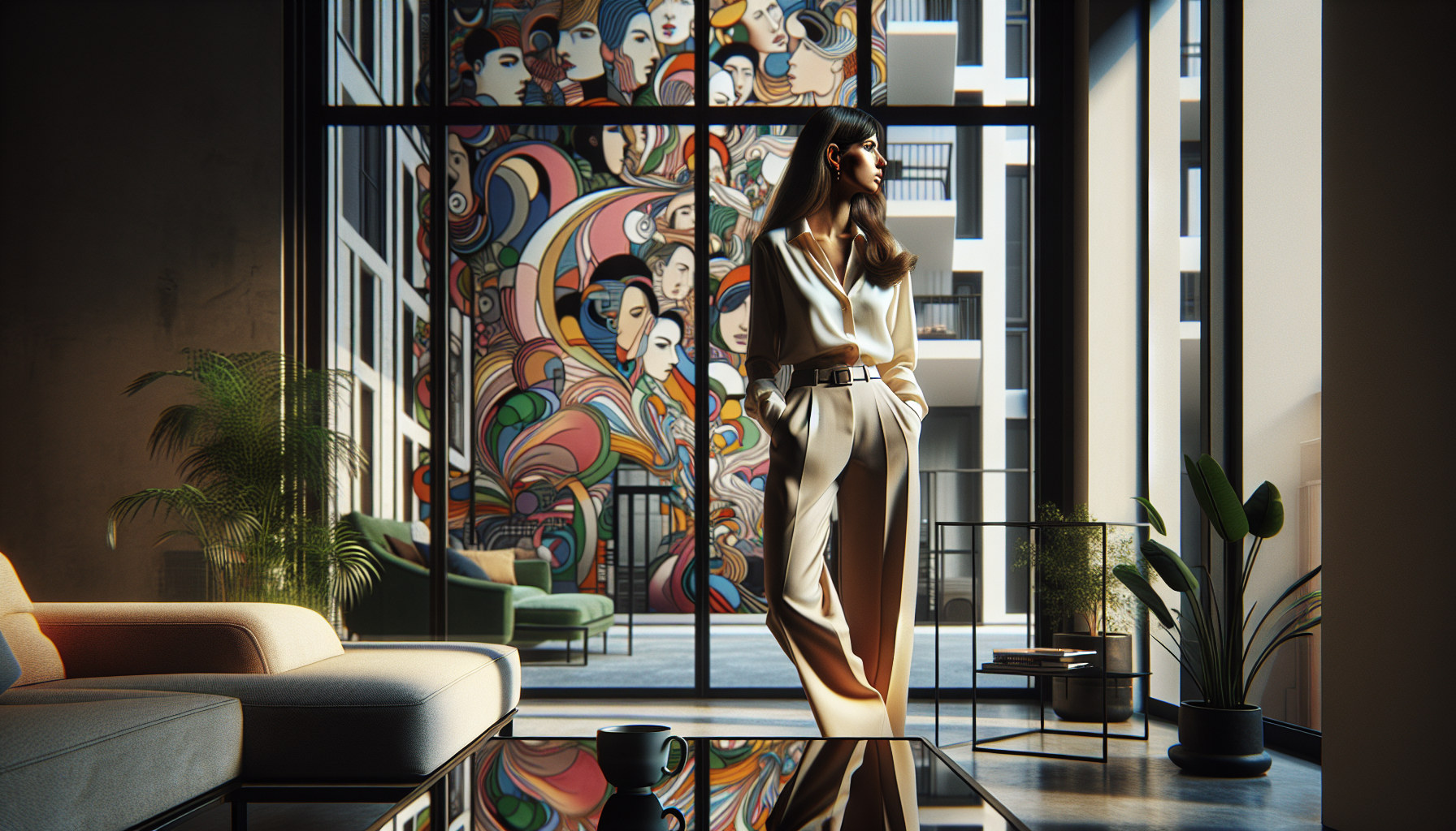 A photorealistic woman in her early 30s, with a calm, introspective expression, stands in front of a large apartment window. Her skin is fair, and her hair is styled in a sleek, modern way, falling gently around her shoulders. She’s dressed in a simple yet elegant outfit, a soft cream-colored blouse and tailored pants, embodying the effortless sophistication of her urban apartment. The apartment’s interior is contemporary, with a minimalist aesthetic: a few potted plants, a cozy couch, and tasteful artwork hanging on the walls. A sleek, glass coffee table rests nearby with a cup of tea, casting gentle reflections on the floor.

The window before her frames an expansive view of the outside world, a bold and vibrant scene that appears influenced by Keith Haring’s iconic style. The landscape outside is a lively urban scene, but the surroundings are animated with bold, thick black lines and bright, playful colors. Abstract human figures, full of motion and energy, seem to dance across the sky. Vibrant red, yellow, and blue fill the background, with figures in mid-motion, arms raised and legs bent in dynamic poses.

In the foreground, geometric patterns pulse with a rhythmic beat, evoking Haring's signature graffiti-like style. The scene outside is a playful mix of street art and surreal energy, contrasting the stillness of the woman inside. Despite the chaos of the world outside, the woman remains calm, her gaze contemplative, lost in the dynamic world unfolding before her.
