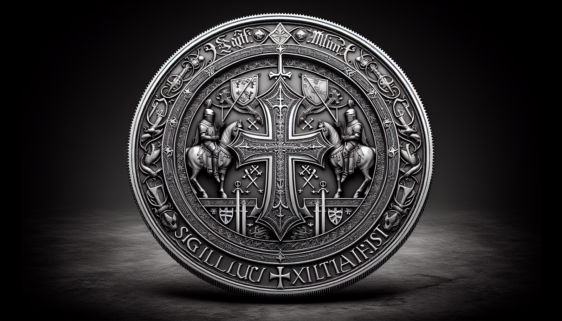 Create a detailed and elegant Knights Templar-themed coin. For the front side, feature a prominent Templar cross at the center surrounded by medieval-inspired decorative borders that include motifs such as swords and shields. Include Latin inscriptions that are historically associated with the Templars, such as 'Sigillum Militum Xpisti.'

For the back side, depict two Templars each riding on their own horse, representing their knightly status and valor. Include a secondary smaller Templar cross and the seal of the Templar Order. The design should incorporate intricate engravings that give a sense of depth and texture, suitable for minting on a coin.

The entire coin should be presented in a flat 2D perspective on a plain black background, ensuring that every detail is clearly visible and sharply defined for engraving purposes."