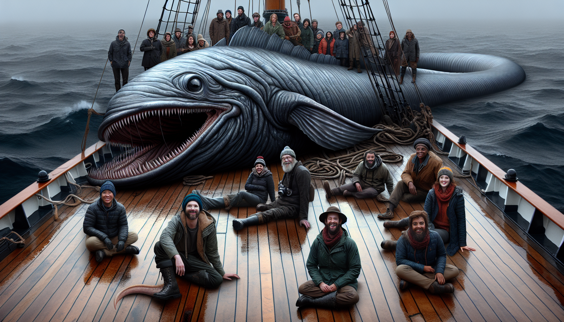 A large, menacing sea creature resembling a prehistoric marine predator with massive sharp teeth, lying on the deck of a boat surrounded by a group of people in outdoor clothing. The setting is overcast, with a foggy ocean background, and the creature’s skin appears wet and shiny, resembling a dark reptilian texture. The people are posing next to the creature, some smiling, while the atmosphere suggests a surprising and eerie discovery at sea