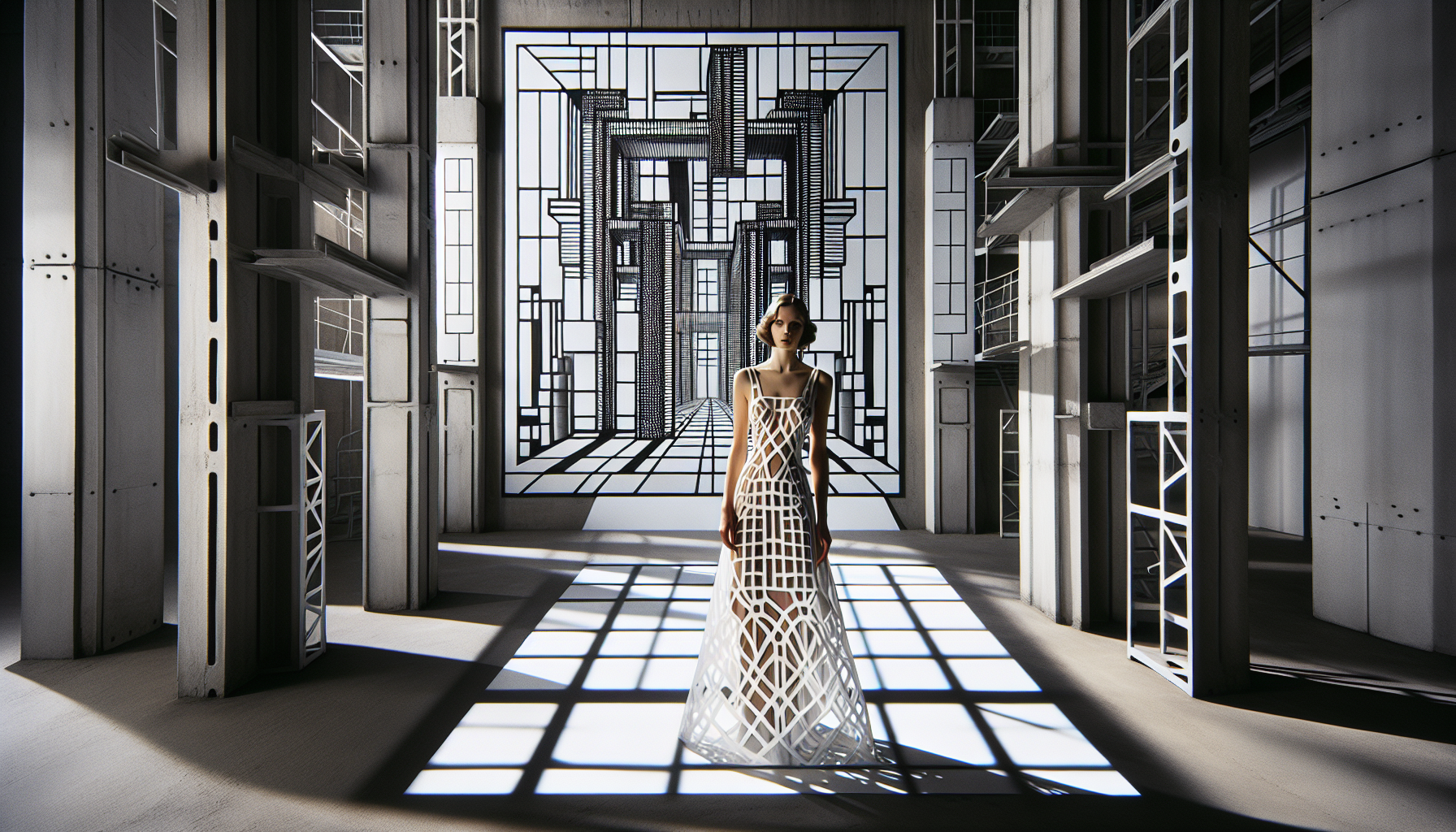  A woman in a long, flowing white dress with intricate folds and textures, standing in a geometric, industrial-inspired setting with exposed pipes and metallic surfaces, her body intersecting with dynamic lines and overlapping shadows, shot in a bold, high-contrast monochromatic style reminiscent of László Moholy-Nagy's photograms, with avant-garde, experimental techniques used to manipulate light and shadow, minimalist forms, and spatial exploration, incorporating Bauhaus aesthetics and modernist design principles, with a focus on technical precision and artistic manipulation of light-sensitive paper, evoking the innovative spirit of camera-less photography, in the style of György Kepes and Florence Henri, with a hint of Man Ray's surrealist influence.