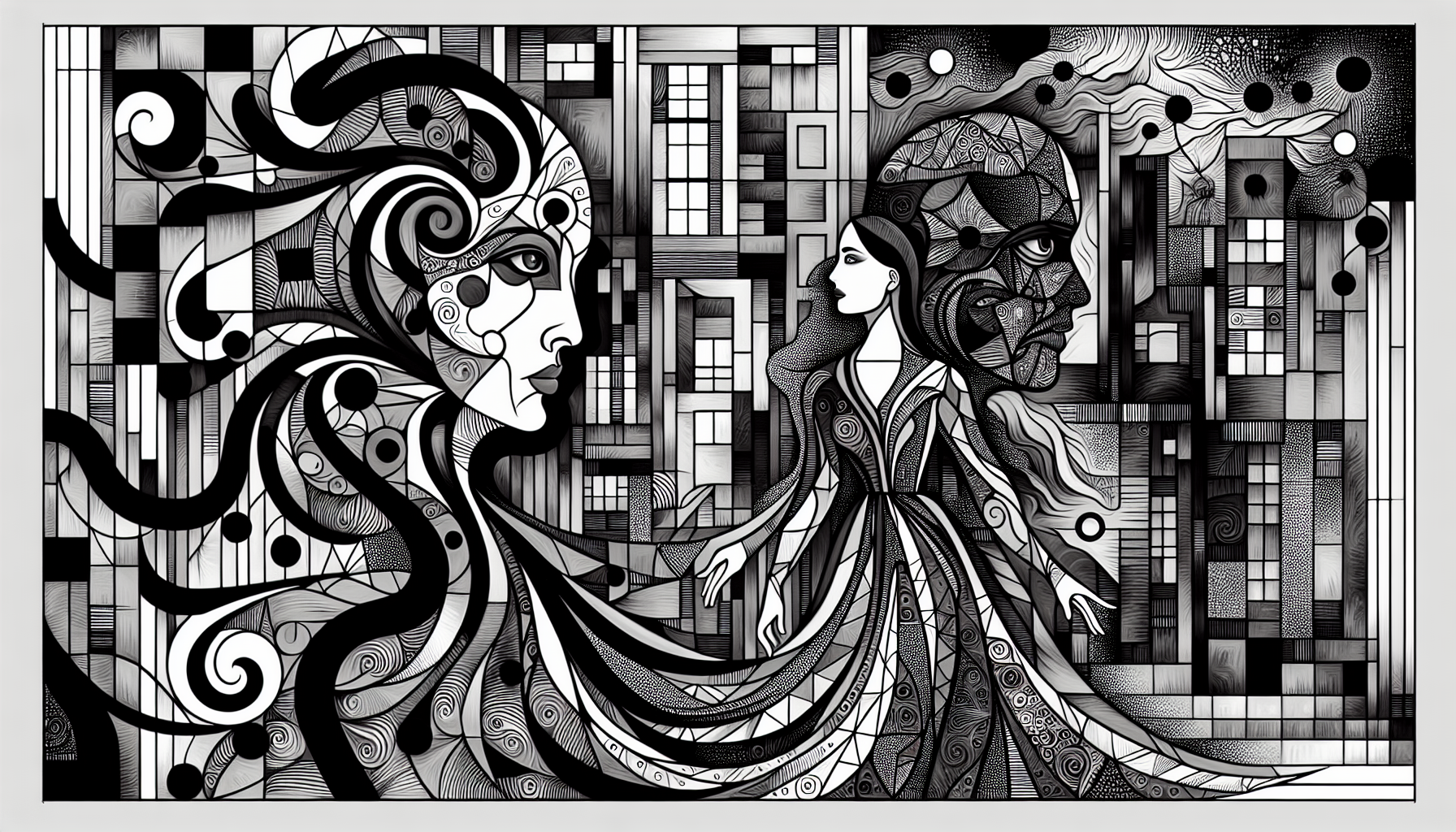  A woman in a long, flowing dress with intricate, swirling patterns, stands alongside a fantastical creature with geometric, fragmented features, in a dreamlike, monochromatic cityscape with distorted buildings and multiple, overlapping perspectives, bold, black lines defining the shapes, and vibrant splashes of color punctuating the scene, evoking a sense of surreal wonder, as if seen through the eyes of Pablo Picasso, with the creature's face a poignant, expressionist mask, and the woman's face a testament to the avant-garde master's innovative, cubist approach, in a style that blends geometric abstraction with symbolic, emotional depth.