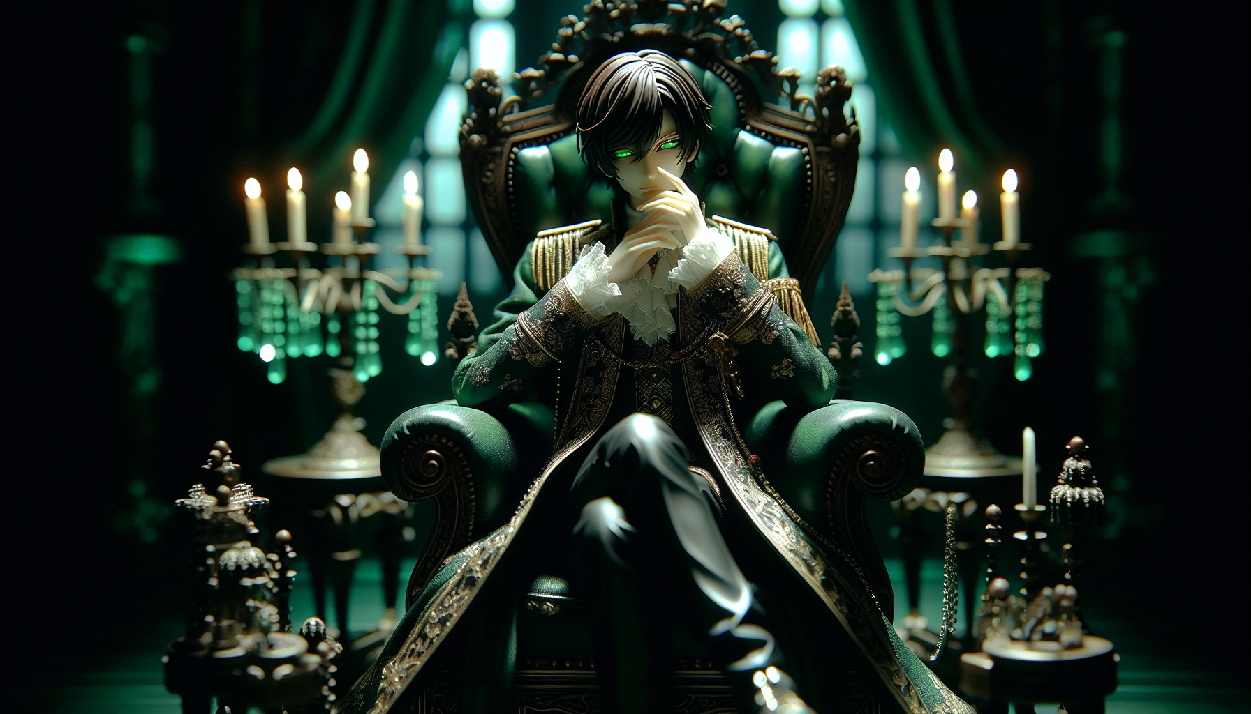 Tilt-shift art of abstract style anime art of a dark and mysterious royal chamber, a young man sits on a magnificent yet gloomy throne, dressed in an elegant but slightly worn Edwardian-style outfit, with dark fabrics and rich details. His hand hid his face leaving only a pair of piercing fiery green eyes, emitting a jewel-like light that suggested a secret yet to be revealed. A sly smile emanated from his hidden lips as if he knew something that no one else did. Around him, a mystical green aura surrounded his body, giving the impression that supernatural power flowed from him, creating an atmosphere full of tension and strangeness. The weak light from candles and crystal chandeliers only made the shadows deeper, adding to the strangeness of her figure that stood out so prominently in the darkness. In the room filled with royal opulence, the young man sat proudly, as if he were the ruler of an untouchable world.8k, stunning intricate details,