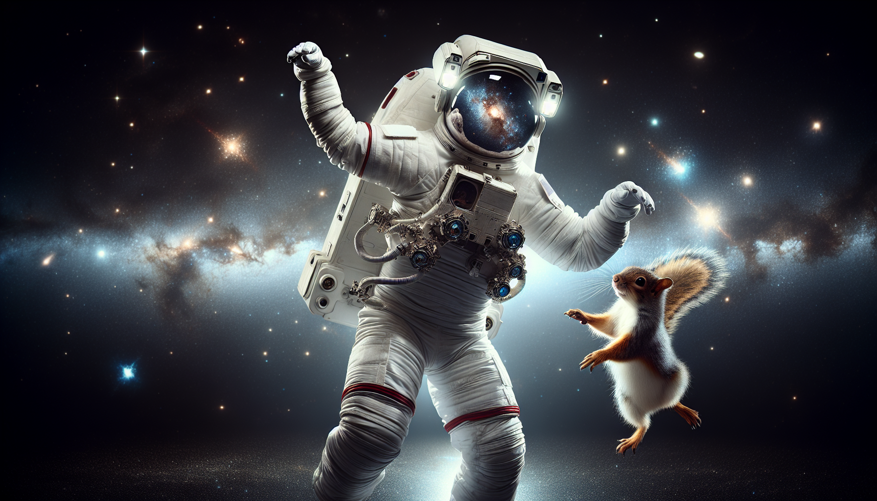 human astronaut in space dancing with a squirrel 
