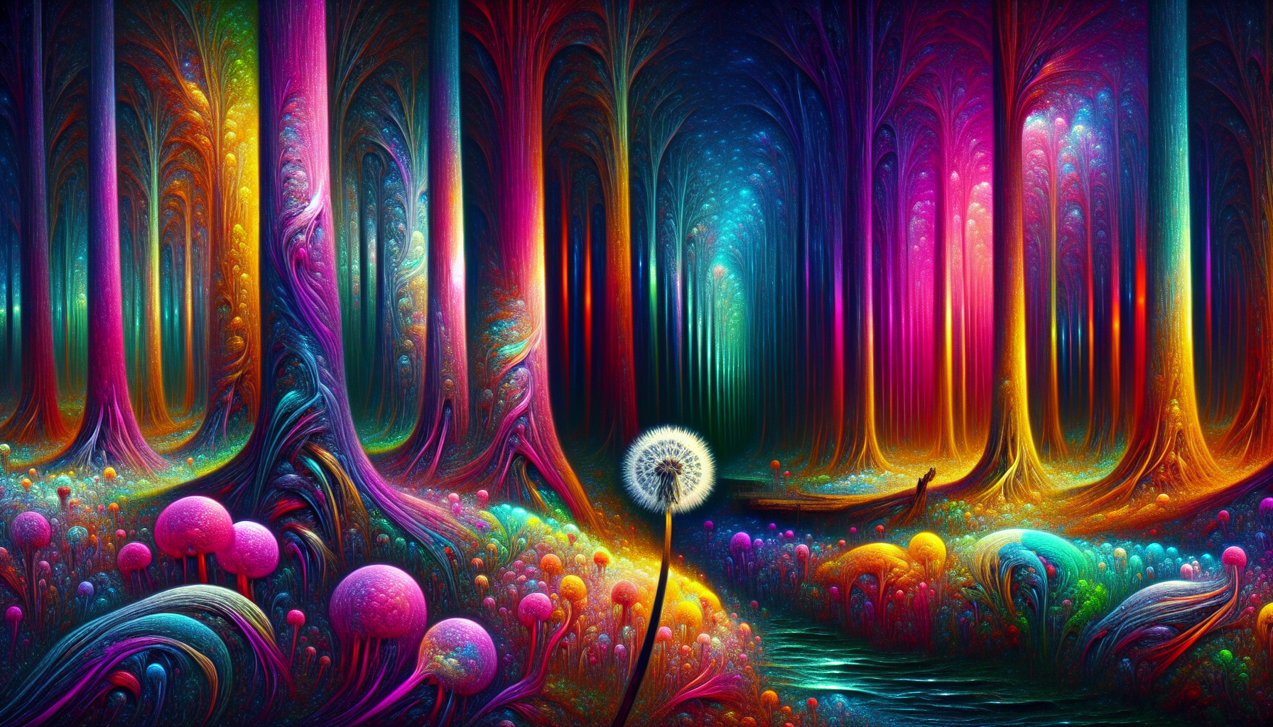 In the heart of a forgotten forest, a single dandelion stands tall amidst a sea of vibrant, molten colors. Its delicate seeds are suspended in mid-air, seemingly frozen in time, as they shimmer with iridescence against a sky that melts into a spectrum of liquid hues—pink, gold, teal, and violet. The ground beneath the dandelion is not of soil but of liquid glass, reflecting the surreal, abstract world around it. The forest itself is an amalgamation of otherworldly textures—trees with bark resembling flowing fabric, mushrooms that glow with neon light, and branches reaching like limbs toward the sky. This is a realm where the natural and the unnatural collide in a vivid explosion of color, and the dandelion is a central, glowing thread, weaving through this dreamlike reality. SURREALISM JOAN MIRÓ
Abstract shapes, primary colors, playful energy, minimalist layout, whimsical forms, organic curves, bold lines, dreamlike quality, floating elements, non-representational imagery, intuitive design, spontaneous expression, vivid contrasts, surreal atmosphere, joyful abstraction.