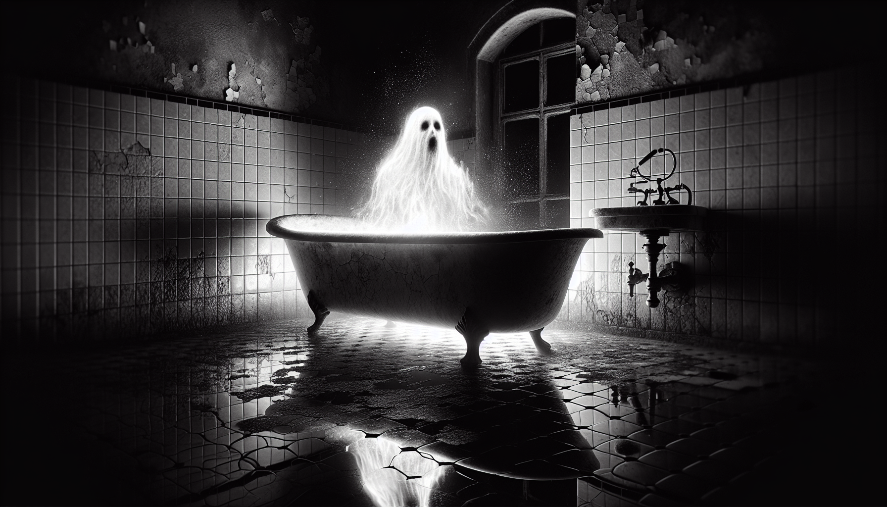 A haunting black-and-white photograph of a dimly lit, decaying bathroom with cracked tiles and a clawfoot bathtub filled with eerily still water. The room is drenched in shadow, the faint glint of light reflecting off the porcelain tub. Emerging from the darkness, a spectral white apparition takes form—its delicate, ethereal figure glowing faintly against the oppressive blackness. The apparition's reflection shimmers unsettlingly in the water, rippling slightly as if alive. The atmosphere is heavy with unease, the contrast of pure white and deep black creating an image that feels both otherworldly and unnervingly real.  Junji Ito
Disturbing surrealism, intricate details, grotesque transformations, psychological horror, spiraling motifs, unsettling atmospheres, otherworldly horror, macabre storytelling, bold contrasts, haunting expressions, themes of madness, otherworldly dread, surreal yet intimate terror. 