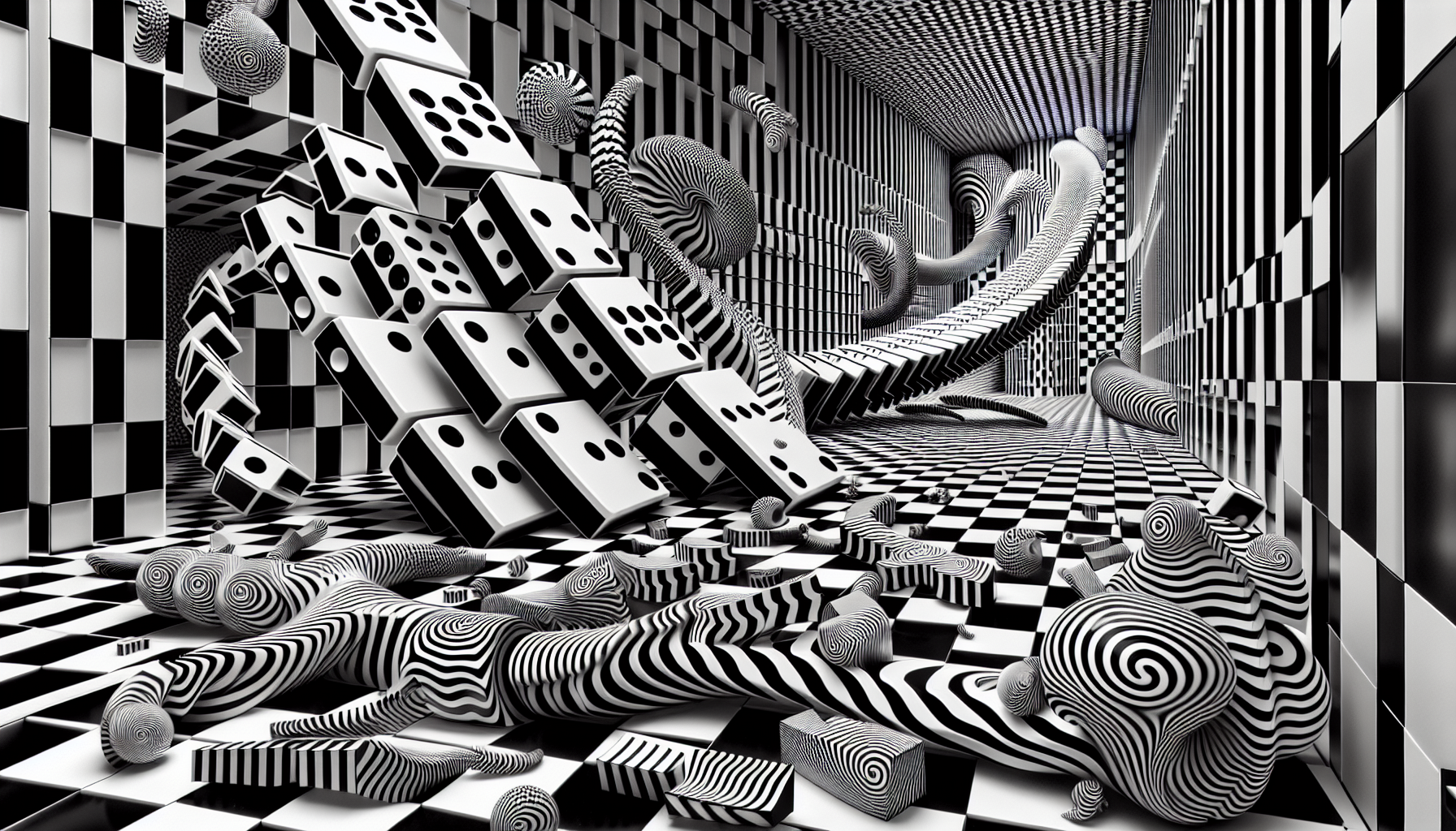 A surreal, mind-bending scene with giant black and white dominoes cascading down a never-ending checkerboard hallway, warping and twisting in impossible directions. The dominoes' stark black-and-white patterns bleed into and overlap with swirling optical illusions—spheres, spirals, and geometric shapes that seem to pulse with energy. As the scene unfolds, the checkerboard floor fractures and shifts, creating jagged, sharp lines that contrast with the smooth, flowing movements of the dominoes. In the background, the walls are adorned with mesmerizing patterns, from swirling spirals to checkerboards, each creating dizzying reflections and deep shadows. The overall atmosphere is one of controlled chaos, where the viewer’s perception is constantly challenged by the trippy interplay of stark contrasts, creating a dreamlike, abstract world. STREET ART Banksy
Bold stenciled designs, satirical social commentary, striking contrast, political undertones, urban textures, gritty realism, monochrome with occasional splashes of color, minimalist detail, public space integration, thought-provoking symbolism, subversive humor, contemporary cultural critique, layered messaging, raw aesthetic, rebellious tone.