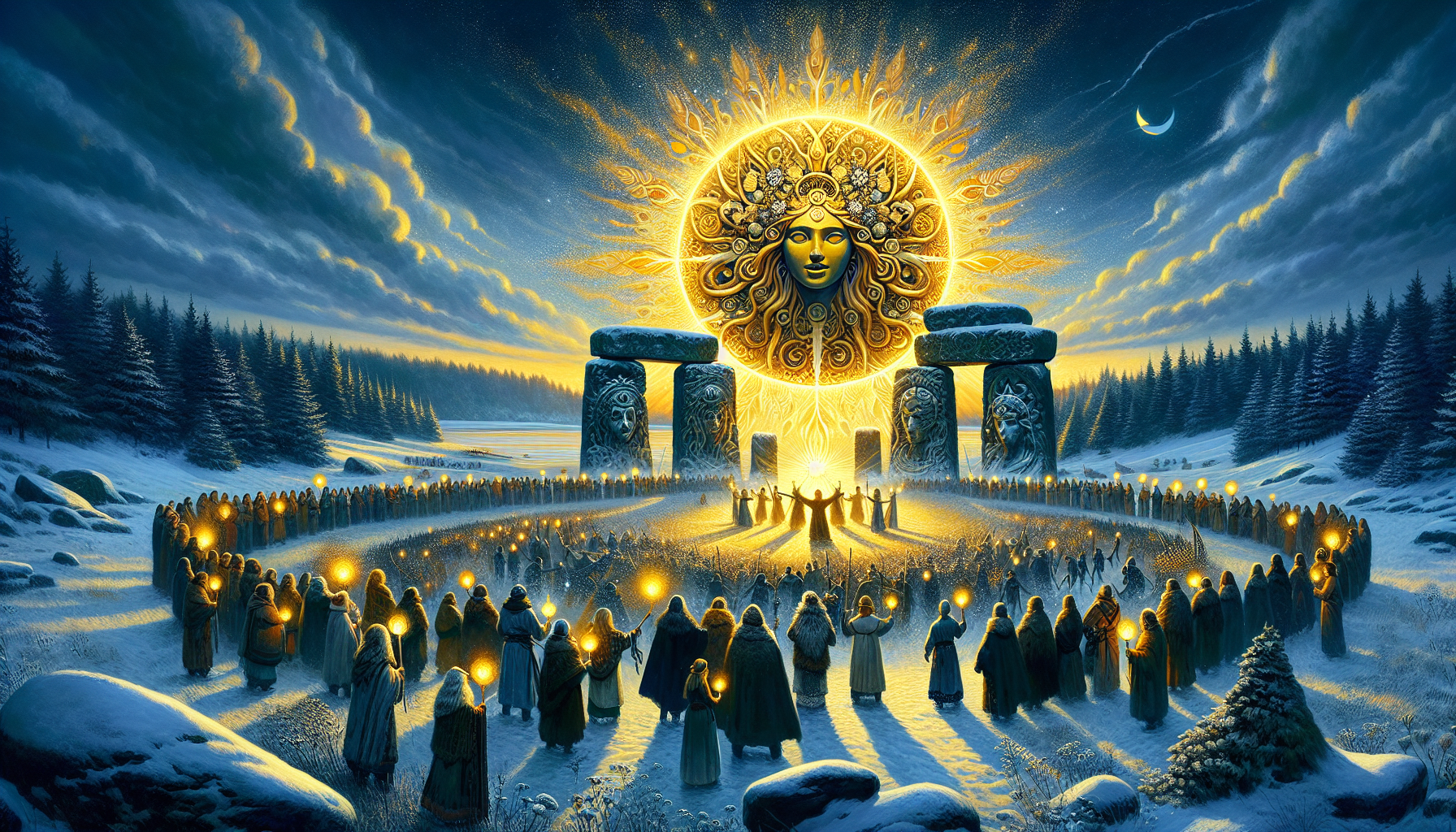 "A grand Winter Solstice ritual in an ancient stone circle, bathed in the mystical glow of the first rays of dawn. Solara, the Radiant Goddess of the Sun, is the central figure, emerging from the horizon with her divine golden light. Her presence is ethereal yet powerful, her silhouette outlined by the warming sun. The surrounding sky is a deep blue-black, the last traces of night fading away, while the dark forest and snow-covered ground are gently illuminated by the golden light of Her rebirth. Ancient people gather around a large stone altar, offering small golden sun-shaped sculptures and vibrant, sacred herbs. Their faces are filled with awe and devotion, gazing at Solara’s radiant form as Her light spreads through the land. The atmosphere is serene yet charged with energy, as the sun’s return is celebrated. The oil painting captures the fine details of Solara’s flowing gown, the intricate textures of the stone circle, and the vibrant golden glow of her light, contrasting beautifully against the deep blues and purples of the winter night. The entire scene radiates with divine energy and reverence for the sun, as the people honor the return of Solara’s warmth.