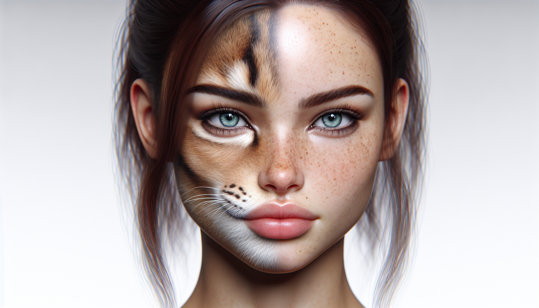 best quality, masterpiece, portrait of a hybrid woman cat, beautiful detailed face, white background, soft light, hyperrealistic, intricate, highly detailed 8k -no freckles