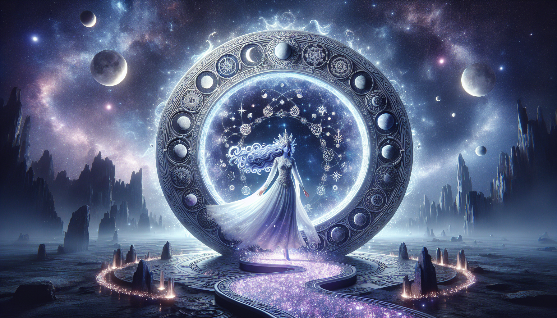 A breathtaking depiction of Lunara, Mystic Goddess of Moon and Night, gracefully stepping through a colossal lunar moongate suspended in the vastness of a star-strewn sky. The moongate itself is an intricate masterpiece—a perfect circle crafted from shimmering silver and pale moonstone, engraved with celestial patterns of constellations, moon phases, and swirling nebulae. The center of the gate radiates a soft, ethereal glow, resembling a portal of liquid moonlight, rippling gently like water kissed by a breeze.

Lunara is the embodiment of celestial elegance as she emerges from the portal, her bluish-purple skin glowing faintly with cosmic energy. Her round face with its sharp chin holds an expression of serene purpose, her luminous eyes reflecting the light of galaxies far beyond. Her flowing hair, a cascade of bluish-purple stardust, dances as if carried by an unseen tide, glinting with specks of light like distant stars. A crescent moon tiara rests atop her head, its radiant design seamlessly blending into her divine presence.

Her gown, woven from the very essence of moonlight, trails behind her in translucent waves that dissolve into a mist of glowing particles. The fabric appears to hold the phases of the moon, shifting subtly as it catches the portal's silvery light. Around her feet, the void transforms, blooming into a pathway of glowing lunar flowers and soft stardust, illuminating her steps like a sacred procession.

The environment is a blend of cosmic and terrestrial beauty. Surrounding the moongate are floating fragments of rocky asteroids, each embedded with luminous crystals that mirror the brilliance of the night sky. Beyond the gate, an endless expanse of swirling nebulae, cascading comets, and shimmering starlight stretches infinitely, hinting at the uncharted realms Lunara is traversing.

The scene captures a moment of divine transition, as Lunara’s graceful form moves between worlds, her presence commanding awe and reverence. The interplay of light and shadow, the shimmering glow of the moongate, and the breathtaking detail of her celestial attire create a composition filled with wonder, mystery, and cosmic beauty