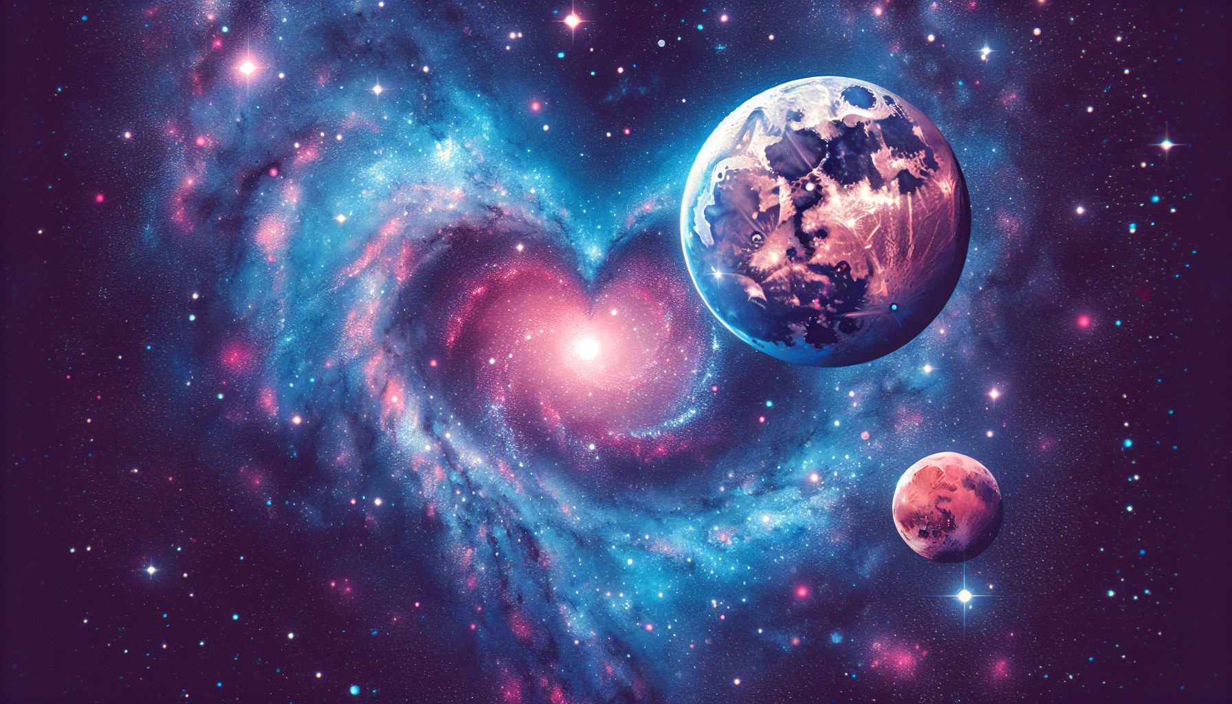 Una galaxia de color azul y morado con la luna y marte casi juntos, de fondo una galaxia formando un corazón de color rozado hecho de estrellas y demás 