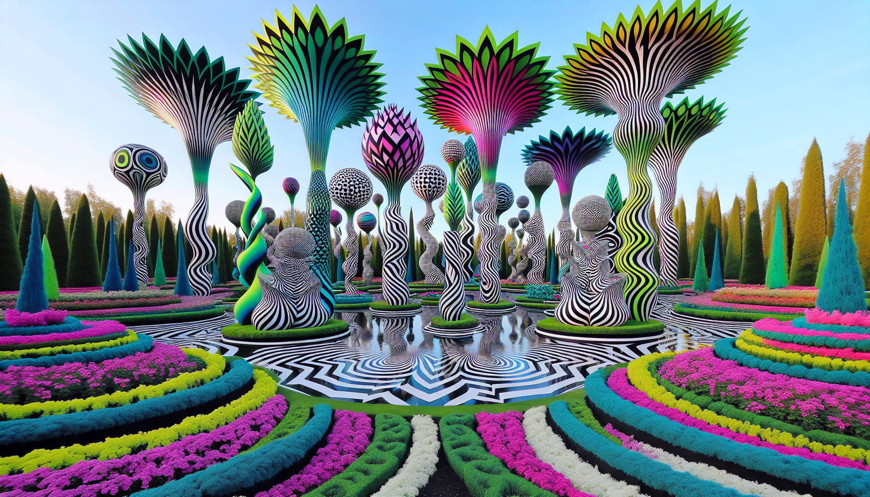 A surreal garden transformed into a mesmerizing world of optical illusions, where nature and geometry intertwine seamlessly. The vibrant scene is dominated by flowers with intricate Op Art petals, their concentric circles and radiating zig-zags pulsing with vivid hues of magenta, teal, and electric yellow. Tall, slender trees with trunks painted in bold black-and-white stripes appear to twist and ripple unnaturally, creating a dizzying visual effect. Bushes shaped into sharp, overlapping triangles line the pathways, their edges glowing softly with gradient transitions from lime green to deep indigo.

The garden paths are paved with spiraling monochromatic patterns, giving the illusion of depth as they curve impossibly into the horizon. Around a central fountain, water ripples in perfect geometric patterns, reflecting the colorful petals above like a kaleidoscope. Overhead, the sky appears to fracture into angular, shifting patterns of radiant light, further enhancing the otherworldly ambiance.

The scene is bathed in a warm, surreal glow, as if lit from multiple unseen sources, while shadows on the ground morph into complex Op Art designs, casting illusions of floating, impossible shapes. The atmosphere is alive with the interplay of natural beauty and hypnotic geometry, inviting the viewer to lose themselves in the mind-bending harmony of this living Op Art garden.
 OP ART Victor Vasarely
Bold color contrasts, optical illusions, geometric abstraction, dynamic visual motion, swirling patterns, perceptual manipulation, 3D effects, high contrast, visual energy, interactive viewer experience, rhythmic flow of shapes.