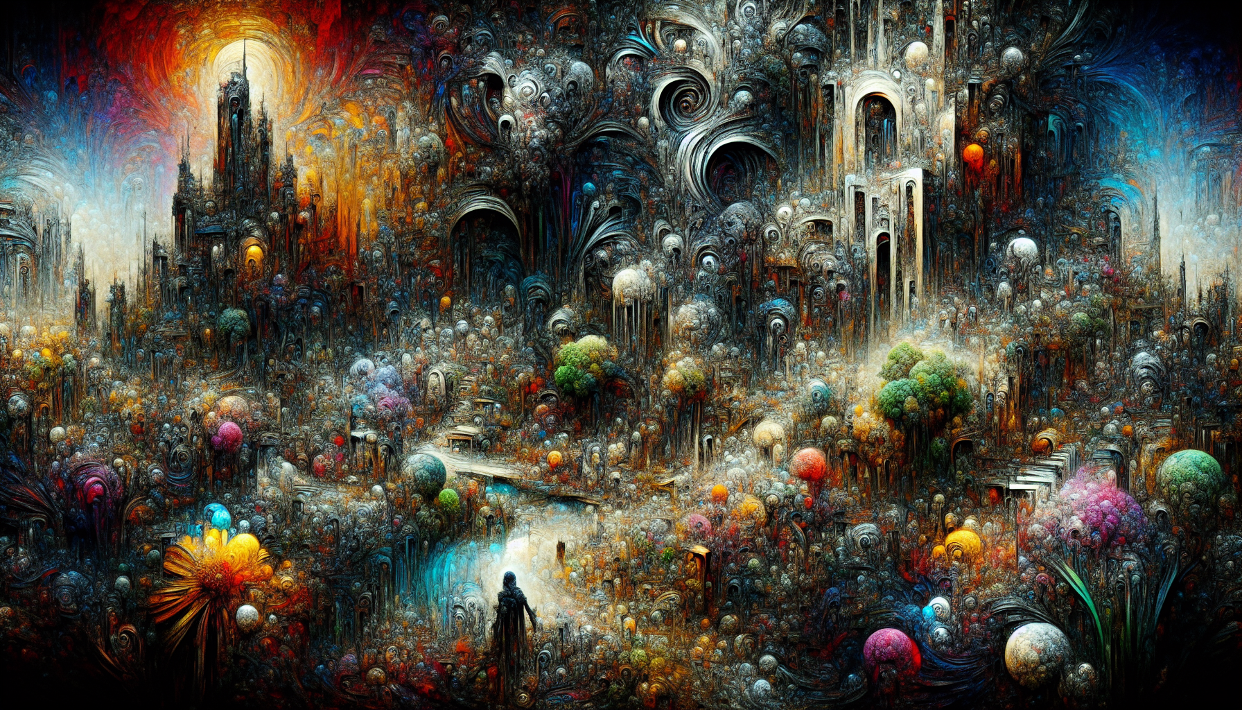  A twisted, grunge-inspired garden, reminiscent of a macabre dreamscape, with Expressionist undertones, evoking the emotional intensity and distorted figures of Francis Bacon. The atmosphere is heavy with psychological anguish, isolation, and existential despair, as if the garden itself is a manifestation of the human condition. Distorted perspectives and unsettling compositions dominate the scene, with violent brushstrokes and intense use of color adding to the sense of unease. The space is claustrophobic, with primal emotions and dark, moody atmosphere suffocating the surroundings. Vulnerability and alienation seep from the very pores of the garden, like a twisted, living entity.

Influenced by the raw, chaotic linework and DIY aesthetic of Gary Panter's punk and underground comics, the garden's textures are gritty, with bold and jagged forms piercing through the murk. Vibrant, unrefined color palettes clash with the darkness, as if the garden is rebelling against its own despair. Distorted, exaggerated characters lurk in the shadows, their faces twisted in surreal, anarchic grins. The air is thick with irreverent humor, and experimental, boundary-pushing compositions push the limits of sanity.