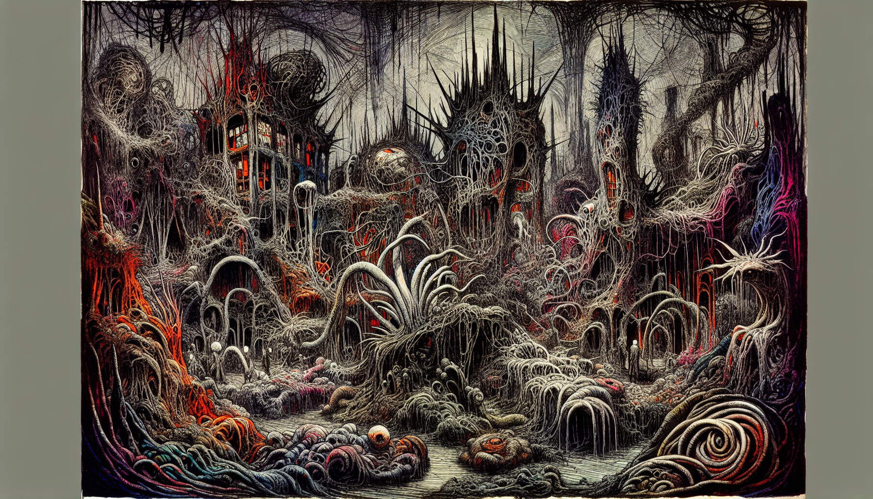  A twisted, grunge-inspired garden, reminiscent of a macabre dreamscape, with Expressionist undertones, evoking the emotional intensity and distorted figures of Francis Bacon. The atmosphere is heavy with psychological anguish, isolation, and existential despair, as if the garden itself is a manifestation of the human condition. Distorted perspectives and unsettling compositions dominate the scene, with violent brushstrokes and intense use of color adding to the sense of unease. The space is claustrophobic, with primal emotions and dark, moody atmosphere suffocating the surroundings. Vulnerability and alienation seep from the very pores of the garden, like a twisted, living entity.

Influenced by the raw, chaotic linework and DIY aesthetic of Gary Panter's punk and underground comics, the garden's textures are gritty, with bold and jagged forms piercing through the murk. Vibrant, unrefined color palettes clash with the darkness, as if the garden is rebelling against its own despair. Distorted, exaggerated characters lurk in the shadows, their faces twisted in surreal, anarchic grins. The air is thick with irreverent humor, and experimental, boundary-pushing compositions push the limits of sanity.