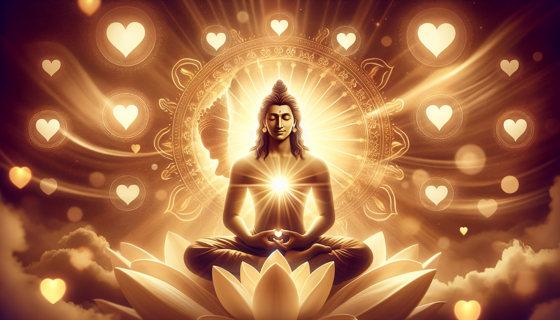 An uplifting image of a meditating individual surrounded by soft golden light, with hearts, lotus flowers, and calming waves of light symbolizing love, compassion, and tolerance. In the background, a divine manifestation of Lord Vishnu smiles gently, exuding warmth and serenity, infusing the meditator with divine energy of kindness and patience.







