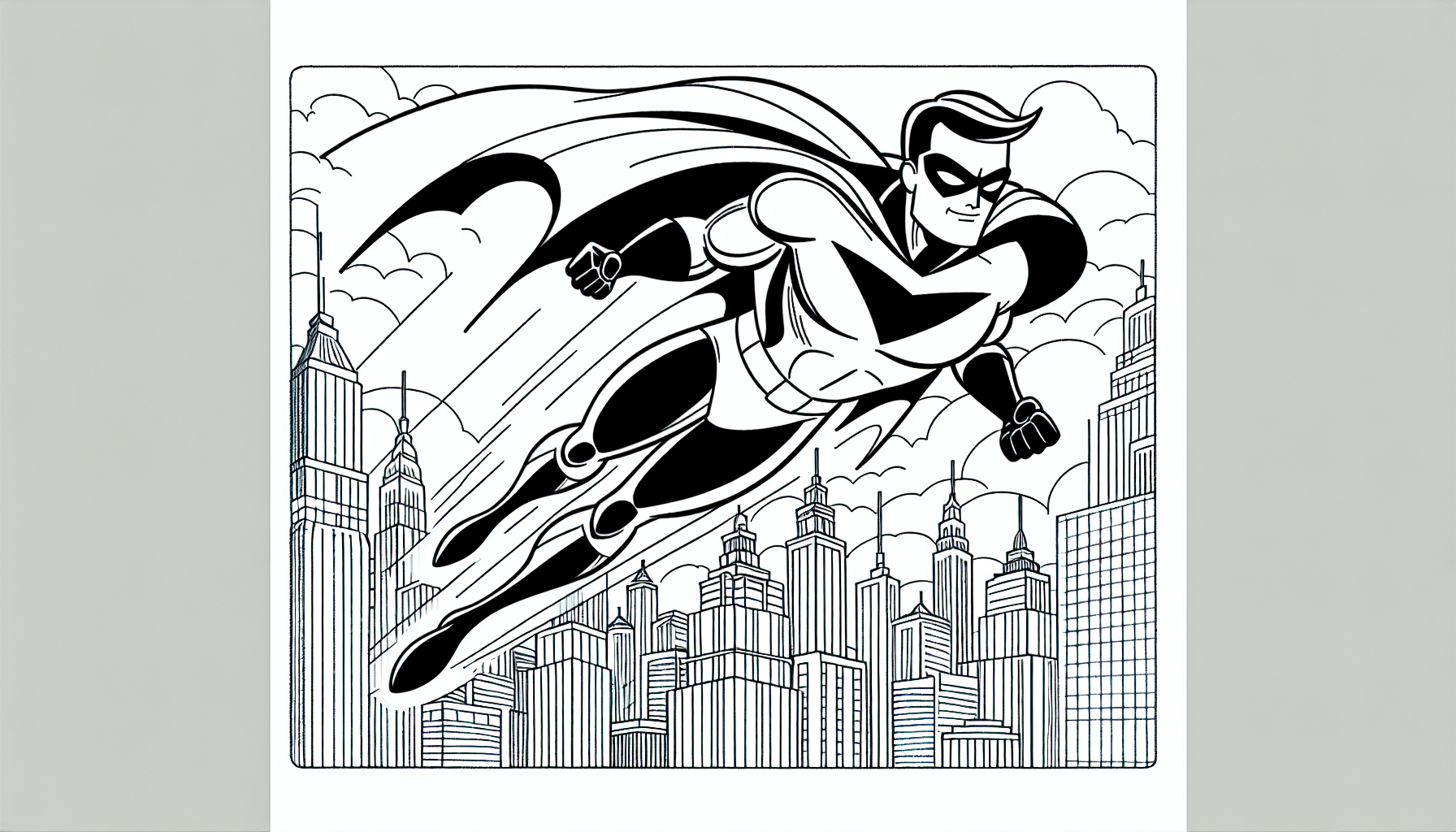 cute pixar cartoon style, outline of a black and white superhero, flying over a city full of skyscrapers, white background, full page no borders, coloring book style, thick black lines, pixar style --ar 2:3 --q 2 --v 5