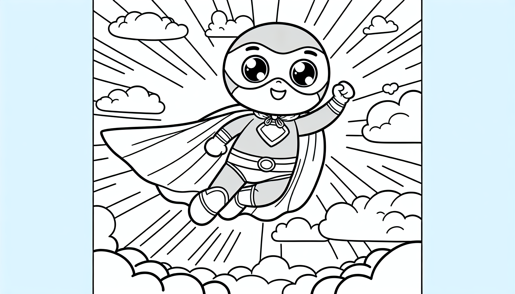 coloring book page of superhero flying, black and white, cute --v 5