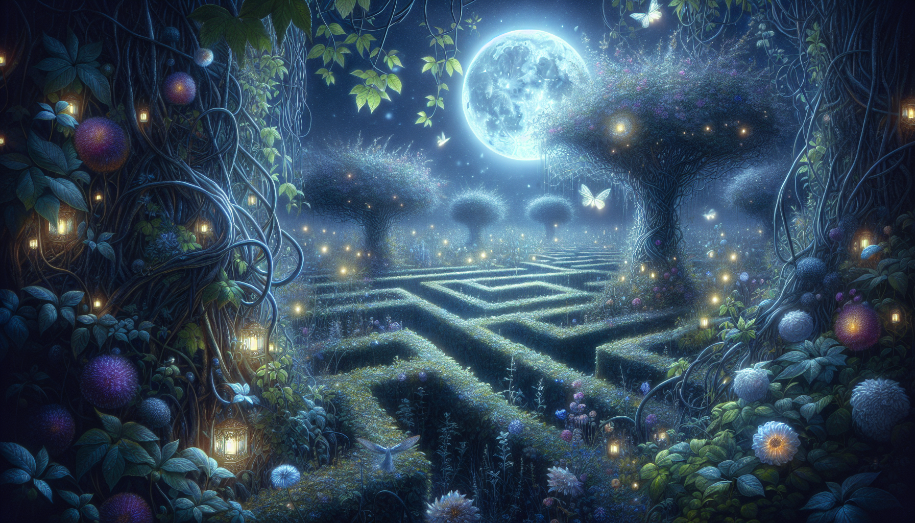A vast, overgrown garden maze sprawls infinitely under the light of a radiant full moon, its intricate pathways framed by walls of tangled vines, ivy, and clusters of delicate wildflowers glowing faintly in silvery hues. The air hums with quiet mysticism, and the maze itself feels alive—its paths subtly shifting as if responding to an unseen rhythm. The scene is rich with the scent of night-blooming flowers, and luminous moths flutter softly above the maze’s wild foliage.

In the distance, Lunara, Mystic Goddess of Moon and Night, hovers gracefully, her ethereal form bathed in moonlight. Her bluish-purple skin shimmers faintly, and her flowing hair cascades like liquid starlight, rippling with hints of celestial patterns. Lunara’s presence feels woven into the night itself, her eyes reflecting the phases of the moon as she silently observes the maze.

The garden's paths twist endlessly, each turn revealing more overgrowth—shrubbery bursting with moonlit blooms and ancient stonework half-hidden beneath the foliage. Lunara’s presence creates an otherworldly energy; her delicate movements seem to whisper secrets to the maze, which shifts and reshapes in response to her gaze.

Despite the garden’s natural beauty, it carries an eerie, dreamlike quality, as though time stands still, and the maze offers no true escape. Lunara lingers in the background, a silent guide or perhaps a keeper of its mysteries, her divine essence merging with the infinite, moonlit labyrinth.