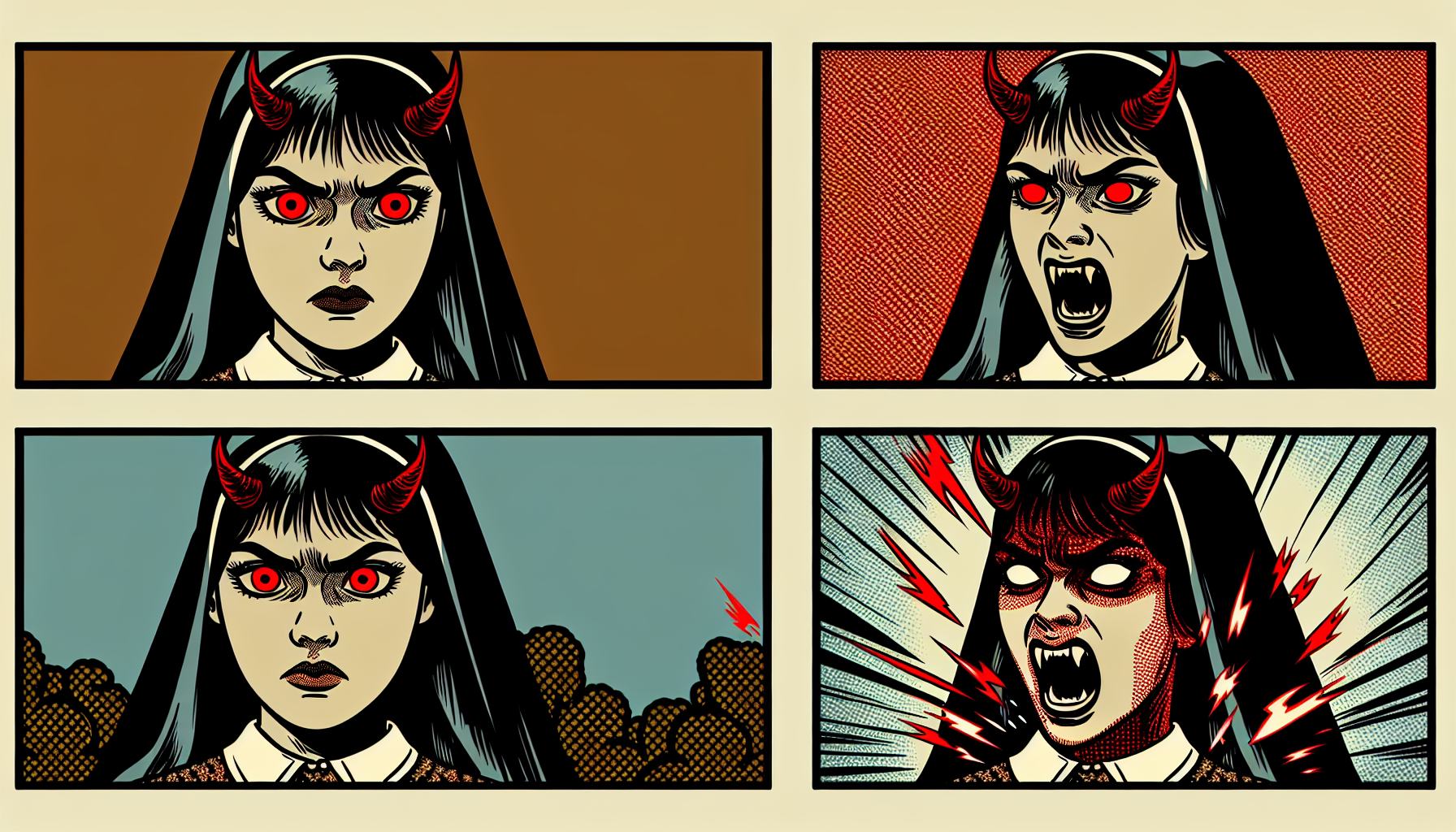 diabolical face of a woman, red eyes, dark circle under her eyes, sharp teeth, blood is dripping from teeth, angry mood, horror, dark, vintage comic style , animation ready, simple lines, simple flat colors
