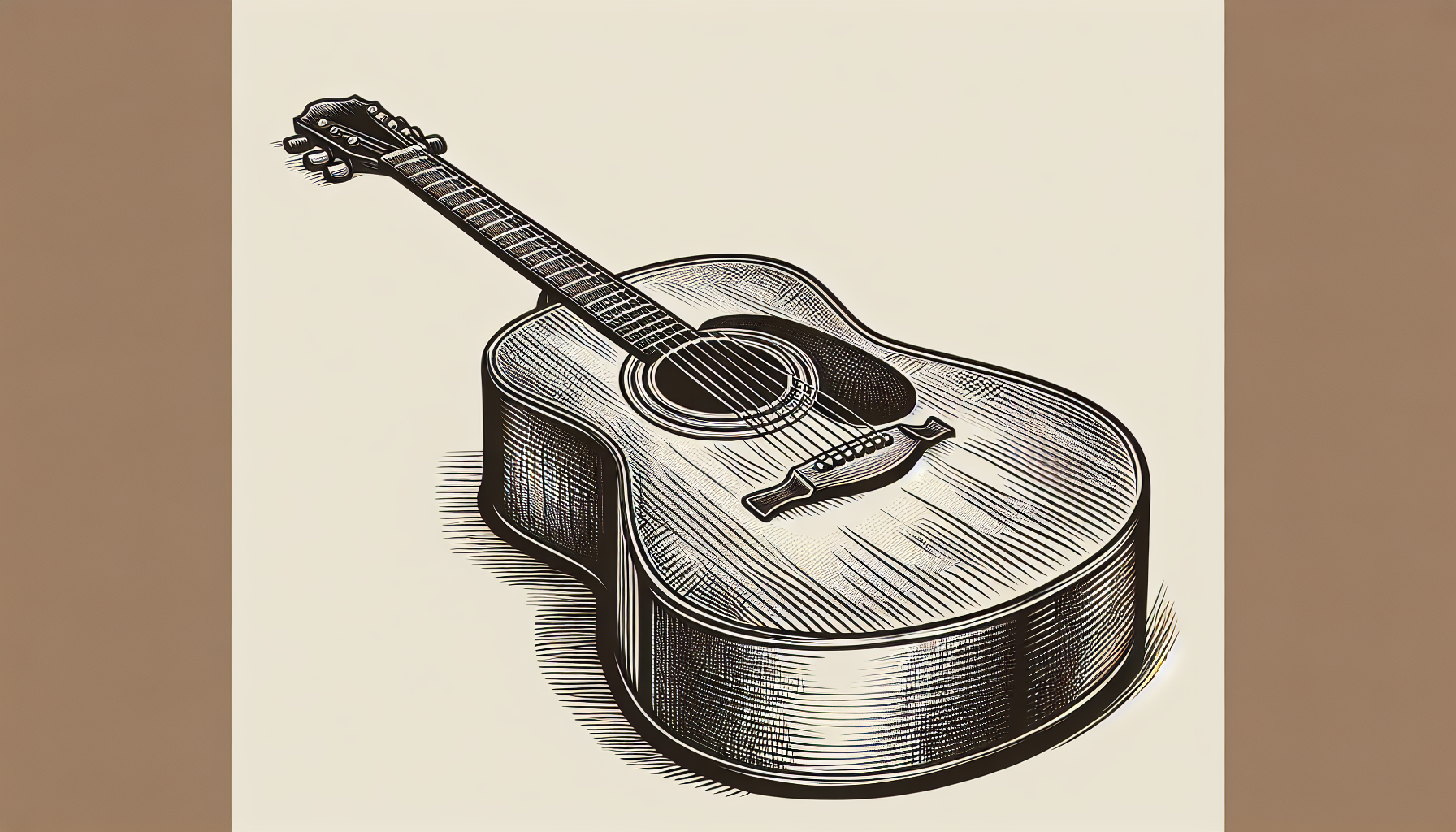 Plain acoustic guitar with a soundhole and visible strings, bold outlines easy for coloring