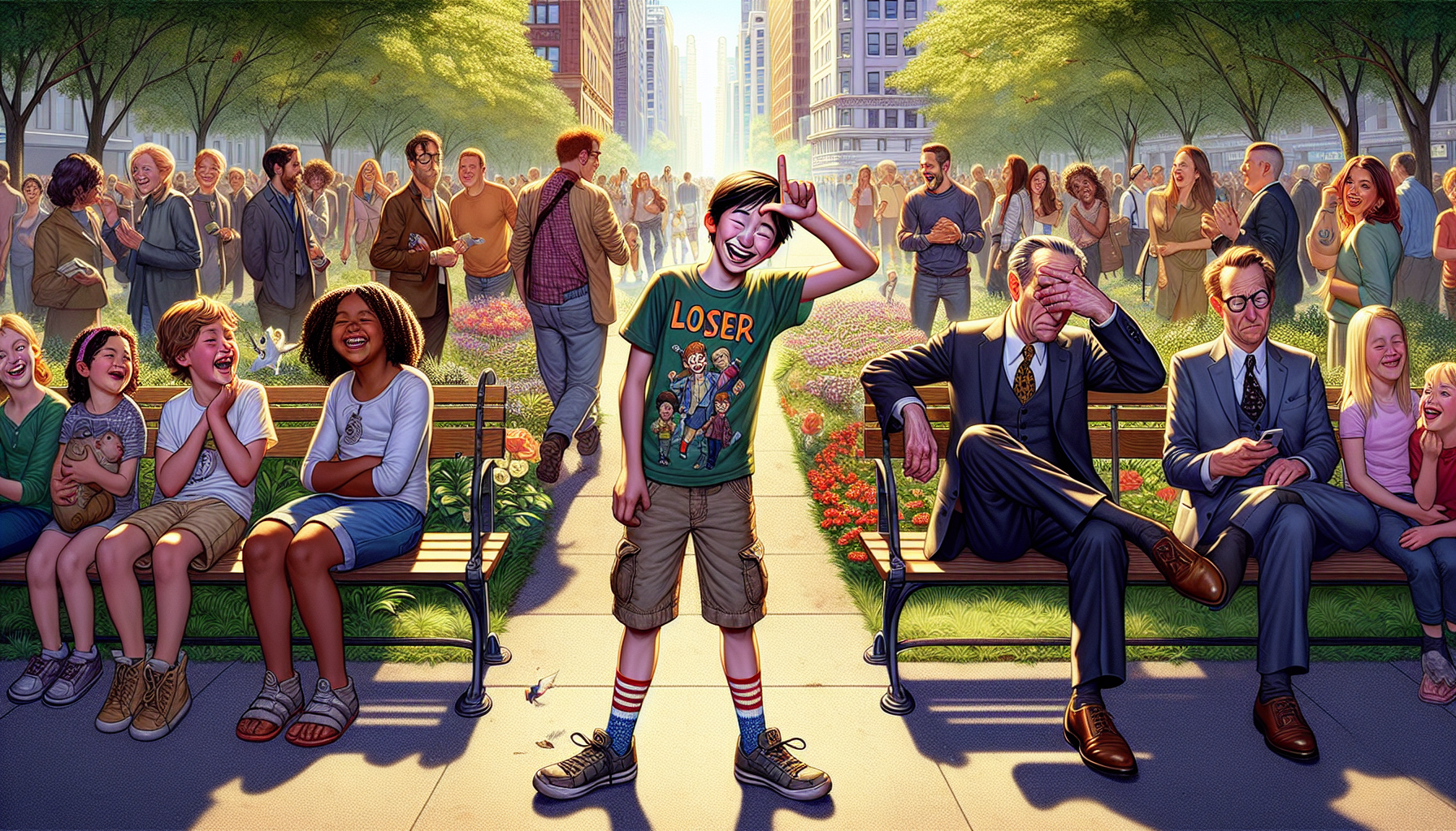A bustling city park sets the stage for a hilariously awkward moment: a silly-looking boy with a mischievous grin holds his hand to his forehead, forming the classic 'L for loser' gesture with his thumb and middle finger, while pointing directly at a distinguished gentleman in a perfectly tailored suit. The boy's colorful outfit—mismatched socks, a graphic t-shirt, and scuffed sneakers—enhances his playful, cheeky demeanor. Meanwhile, the embarrassed gentleman, caught mid-act picking his nose, flushes red with mortification as laughter erupts around him. Onlookers—families, friends, and children—are doubled over in amusement, some pointing and others clapping their hands in sheer delight. The park is alive with activity: birds flit through the warm sunlight filtering through leafy trees, and vibrant flowers line the paths, adding to the whimsical, carefree atmosphere. The scene captures the essence of playful mischief, the boy's victorious grin contrasting perfectly with the man's flustered attempt to maintain composure.