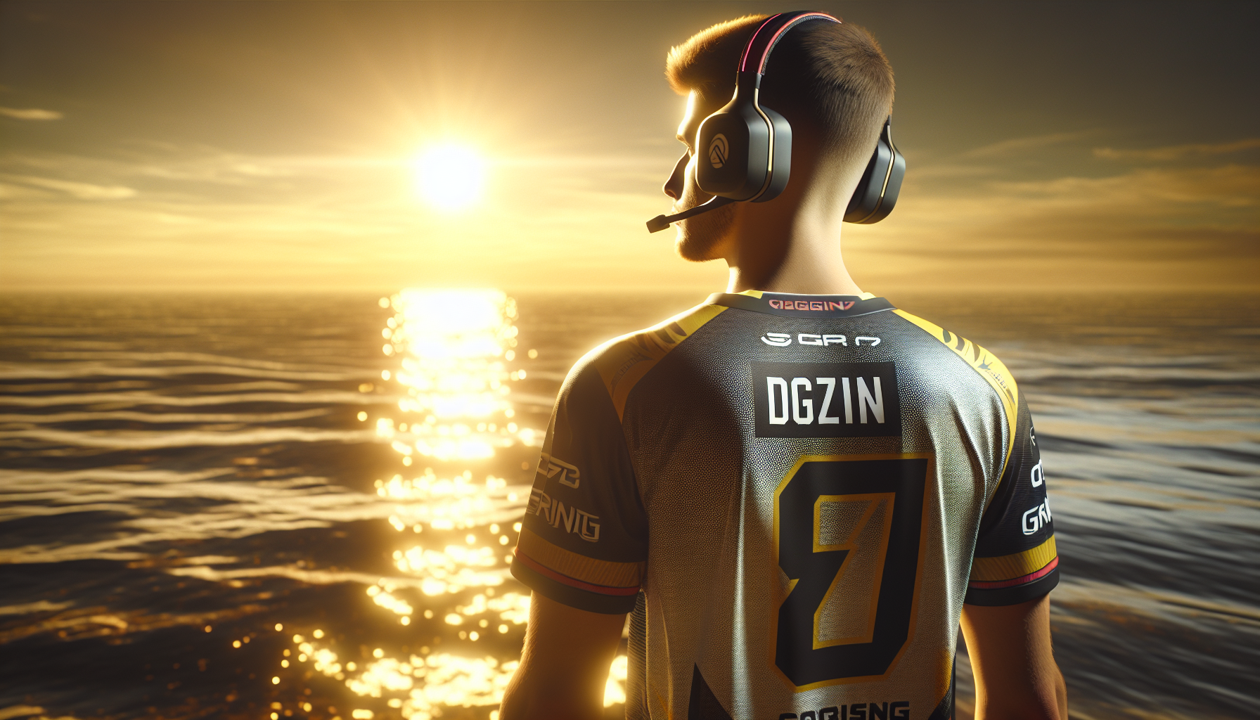 Professional FPS player Valorant "Dgzin" on the coast with his Nick on his back.