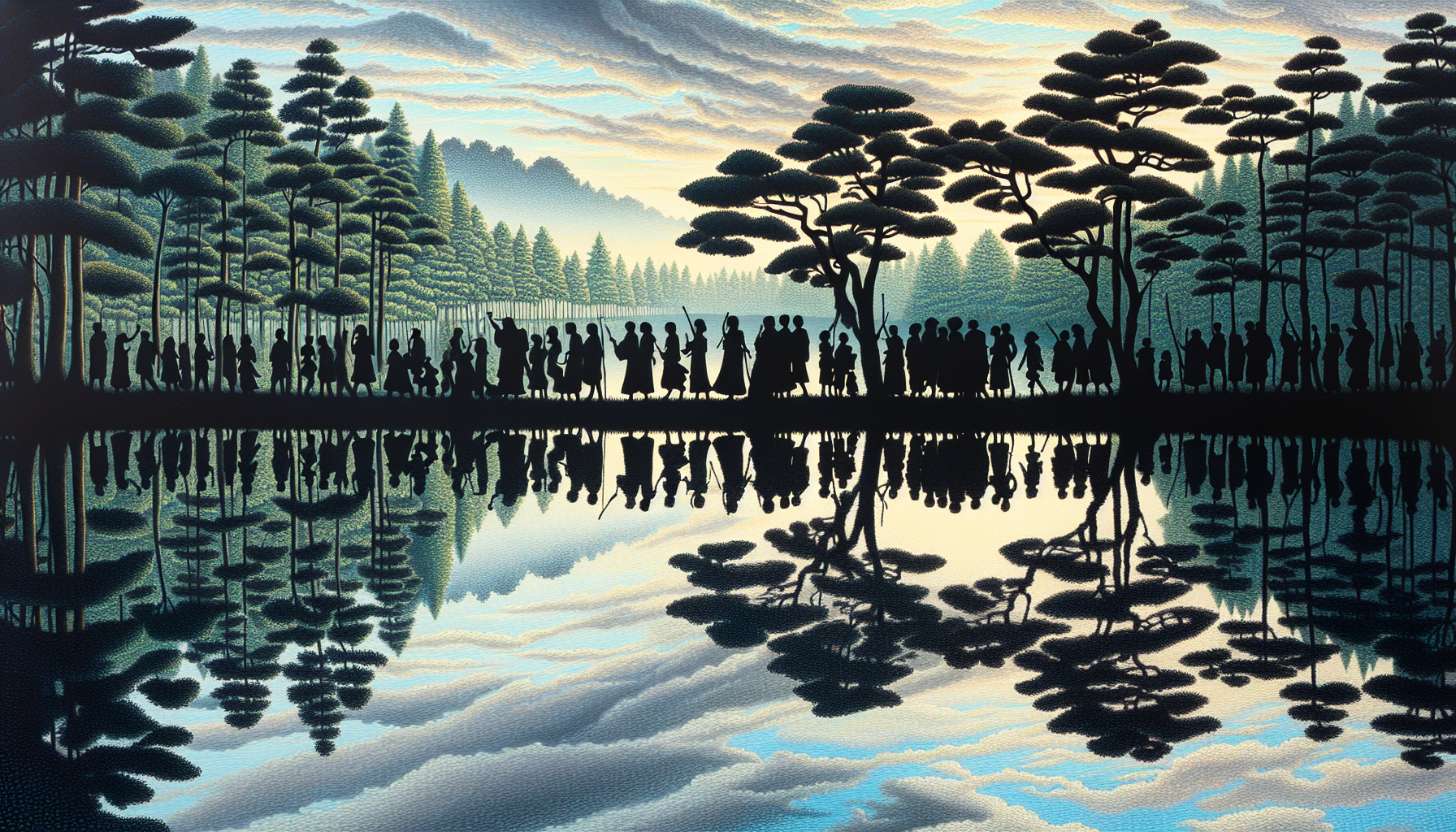 "DOZENS OF FAMOUS CHARACTERS HYPERDETAILED PERFECTLY REFLECTED IN WATER"
