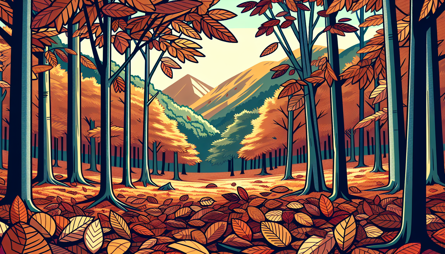fondo de un hayedo de Navarra con el suelo con hojas marrones, estilo otoñal, estilo dibujo animado divertido, la imagen debe ocupar toda la pantalla