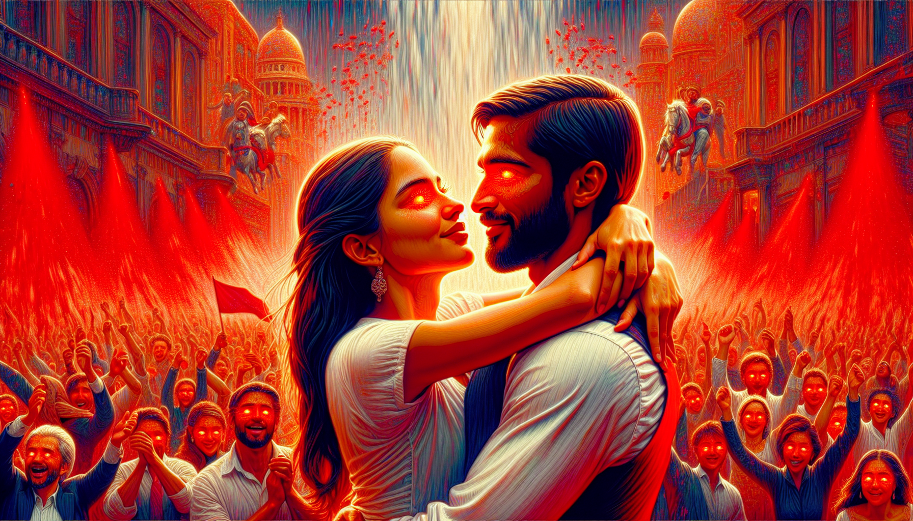 a man and woman hugging each other in front of a crowd, vibrant movie poster, 🎀 🍓 🧚, puṣkaracūḍa, jubilant blissful atmosphere, with burning red eyes, cover with a lot of red water, featured in cinematic, weta studios, boston massachusetts, otorhinology, 2 0 1 9, corrected