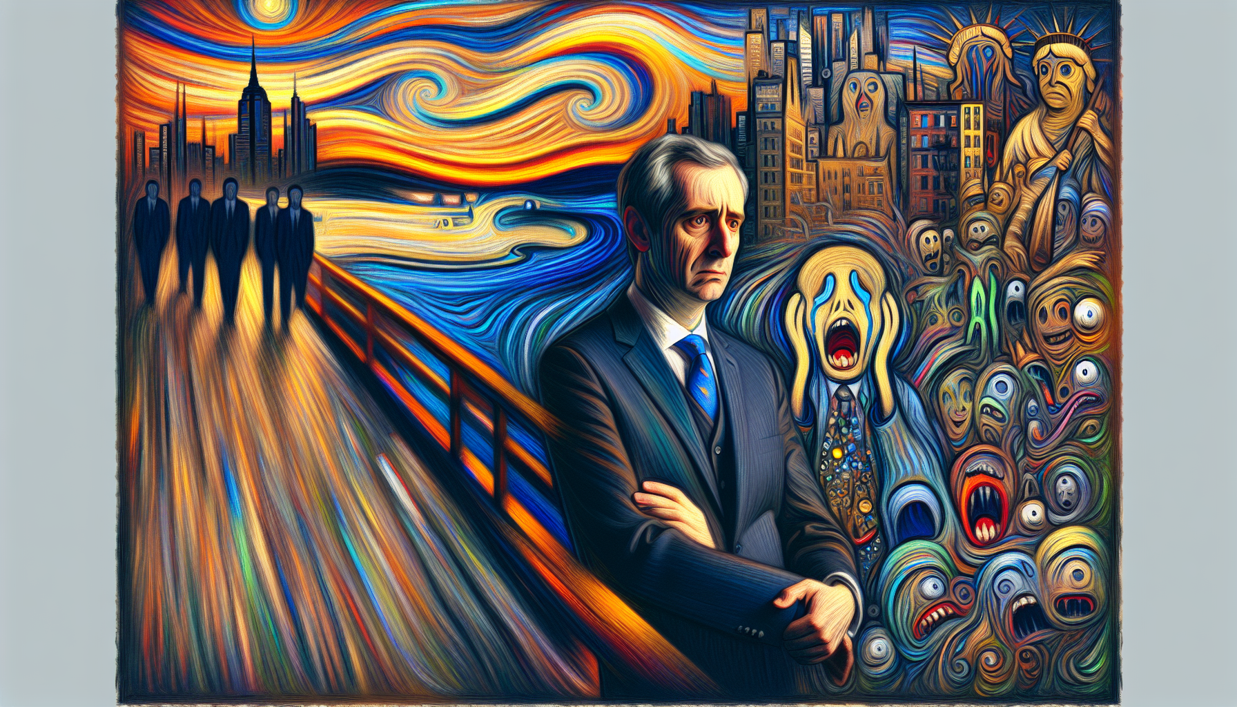 Even though it's a smiling portrait the mayor is very sad indeed with a big frown even though they cant stop smiling in a SMILING PORTRAIT and because they are the mayor even if they want to cry because its the saddest day and they dont feel like smiling. maybe they could grimace or at least half smile. EXPRESSIONISM Edward Munch
Emotional intensity, vivid colors, distorted forms, psychological themes, human emotion, existential exploration, anxiety, alienation, existential dread, surreal environments, dramatic lighting, symbolism.