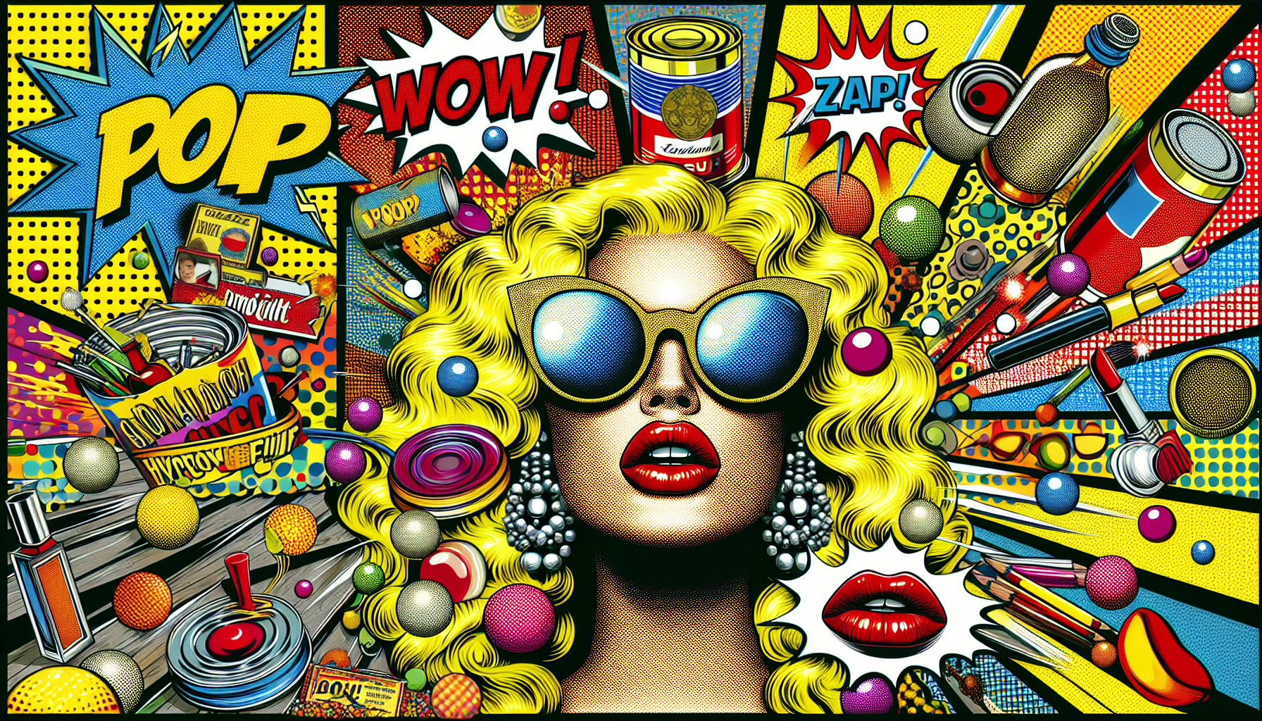 Pop Art Celebration: A Vibrant Portrait of Culture

"A bold and electrifying scene inspired by the vibrant energy of pop art. The image features a dynamic collage of iconic cultural references, with comic book-style halftone dots, speech bubbles, and exaggerated action lines. In the foreground, a glamorous woman with voluminous, bright-yellow hair and dramatic red lips poses confidently, her expression frozen in a comic panel moment, with the words 'Wow!' and 'Zap!' exploding around her in colorful bursts.

"The background is a riot of bold primary colors—reds, yellows, and blues—layered with vintage advertisements, stylized cans of soup, retro billboards, and polka-dot patterns. Objects like oversized sunglasses, neon lipstick tubes, and vinyl records float mid-air, creating a surreal and playful composition. Shadows and highlights are rendered in thick, black outlines, and the entire scene bursts with the exaggerated drama and whimsy that defines the pop art movement."