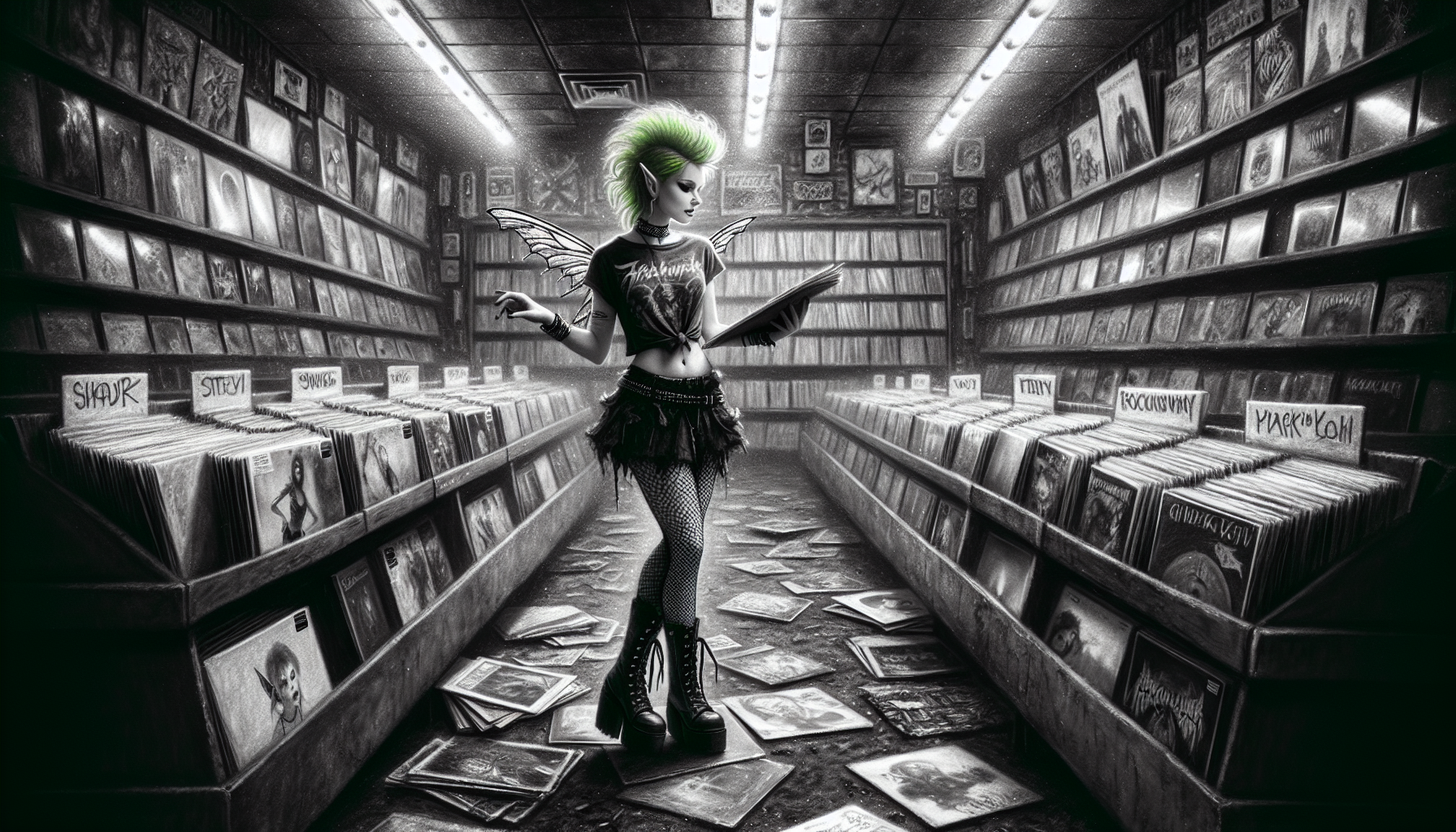 "A close up full body portrait of a faerie in a black and white charcoal smudging drawing of the interior of a dimly lit 80s record store. Dusty shelves overflow with vinyl records, their colorful album covers creating a kaleidoscope of shapes and textures. Stacks of records teeter precariously on the floor, while faded posters of iconic 80s bands adorn the walls.adding to the gritty atmosphere. The lighting is dim, with a few flickering fluorescent lights casting long, dramatic shadows. Focus on the textures of the album covers and the worn-out carpet" And a faerie with fully visible wings stands alone browsing records and shes smiling at her favorite album cover  She is wearing a ripped rock t-shirt that exposes her midriff, a mini skirt with fishnet stockings, and knee-high neon green combat boots that perfectly match her vibrant green mohawk. The only color in the image is the faerie's well defined neon green mohawk and neon green combat boots creating a striking contrast against the black and white charcoal smudging.  