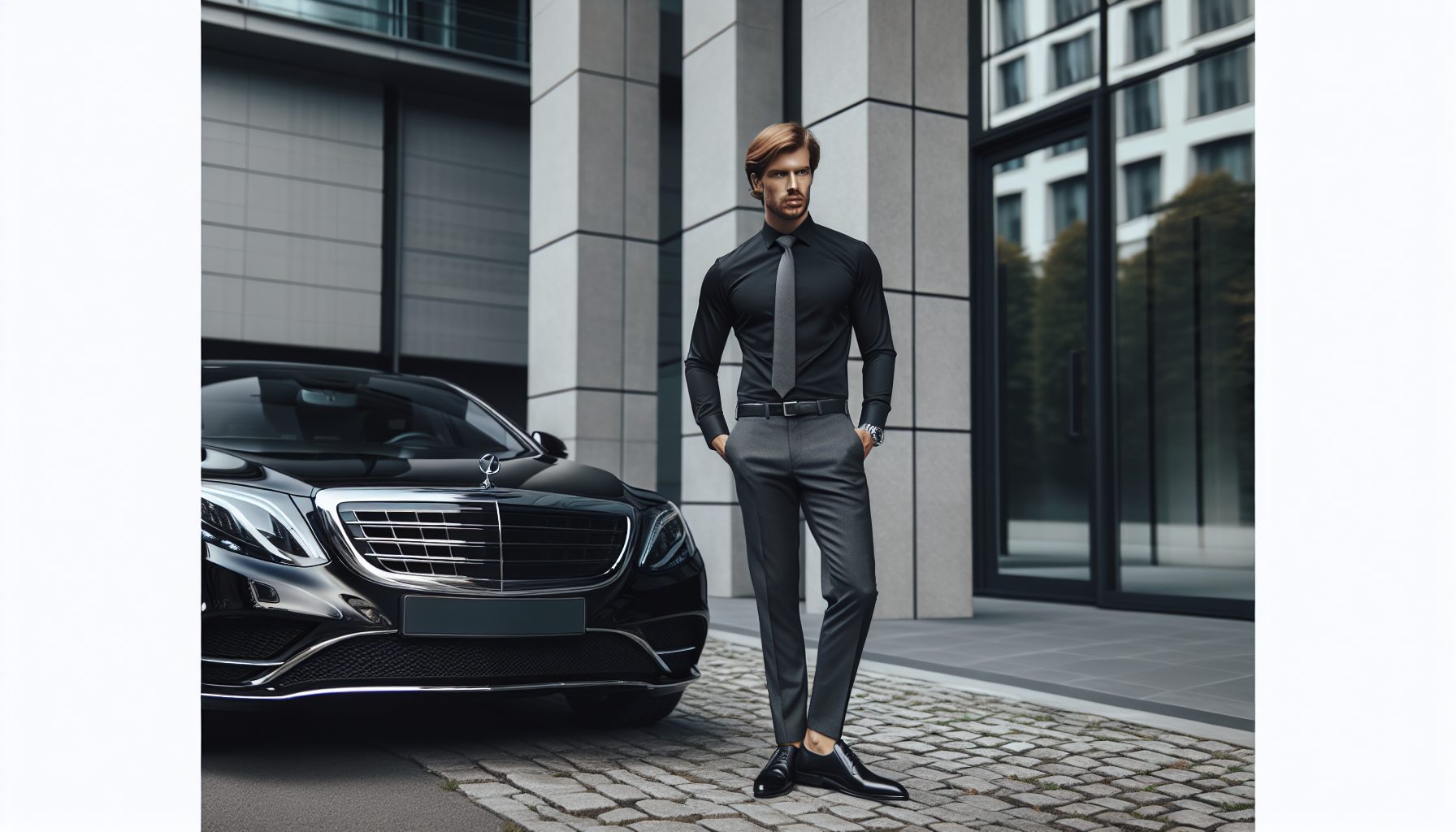 Un hombre elegante de pie junto a un lujoso automóvil negro, vistiendo una camisa negra ajustada, corbata gris y pantalones de vestir negros. Lleva zapatos formales, mostrando un porte profesional y sofisticado. El coche tiene un diseño moderno y premium, estacionado frente a un edificio contemporáneo con líneas arquitectónicas limpias. El ambiente refleja lujo y estilo ejecutivo