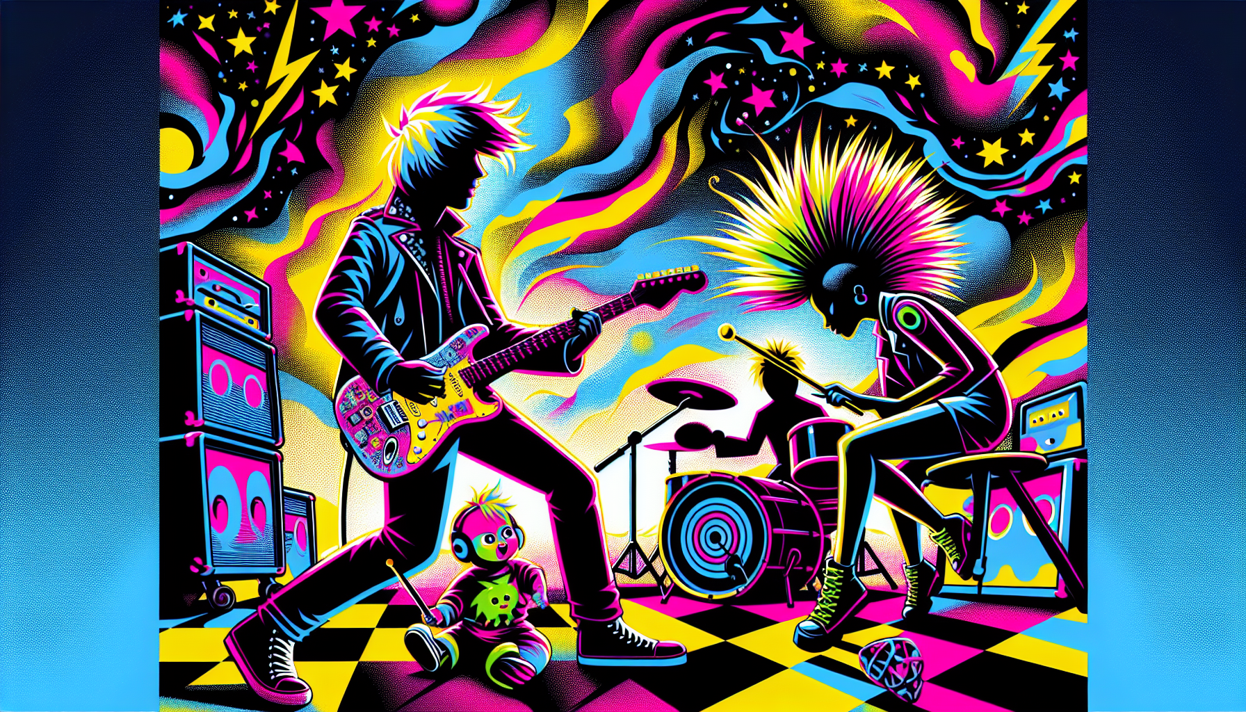 A bold and vibrant pop art piece inspired by Andy Warhol’s iconic style, focused on Jenny and Johnny performing on a surreal cosmic stage. Johnny, outlined in sharp black strokes, strums a brightly colored electric guitar, his figure filled with energetic pops of neon colors. Jenny stands beside him, grooving with a bass guitar, her punky hairstyle exploding into streaks of neon yellow and magenta. The energy of the scene is captured through flat, vibrant colors and geometric patterns in the background, reminiscent of Warhol’s screen prints.

In the foreground, a cheerful baby with exaggerated cartoonish features plays drums, surrounded by bold, flat shapes of primary colors. The baby’s tiny, vibrant form contrasts with the vast stage behind, adding a whimsical, playful layer to the scene. Alongside the baby, a tiny snowman appears, full of personality, drumming energetically with candy-colored drumsticks. The snowman’s bright scarf and jaunty smile add a touch of surreal fun to the piece.

The background features a cosmic backdrop of swirling nebulae and abstract galaxies in neon hues, depicted in Warhol’s style with simple, flat shapes. Floating geometric patterns—checkerboards, halftone dots, and zigzags—fill the scene with visual energy, while comic-like stars twinkle in the background.

The entire image has a pop art aesthetic: large areas of flat color, simplified figures, and bold black outlines. Jenny and Johnny’s faces are stylized and almost mechanical, reflecting the repetitive and iconic quality of Warhol’s work. The baby drummer and tiny snowman bring a whimsical, surreal element, contrasting with the cosmic stage while maintaining the playful energy of the piece.

This composition bursts with life, color, and abstraction, fully embracing Warhol’s sense of vibrancy, repetition, and pop culture influence.